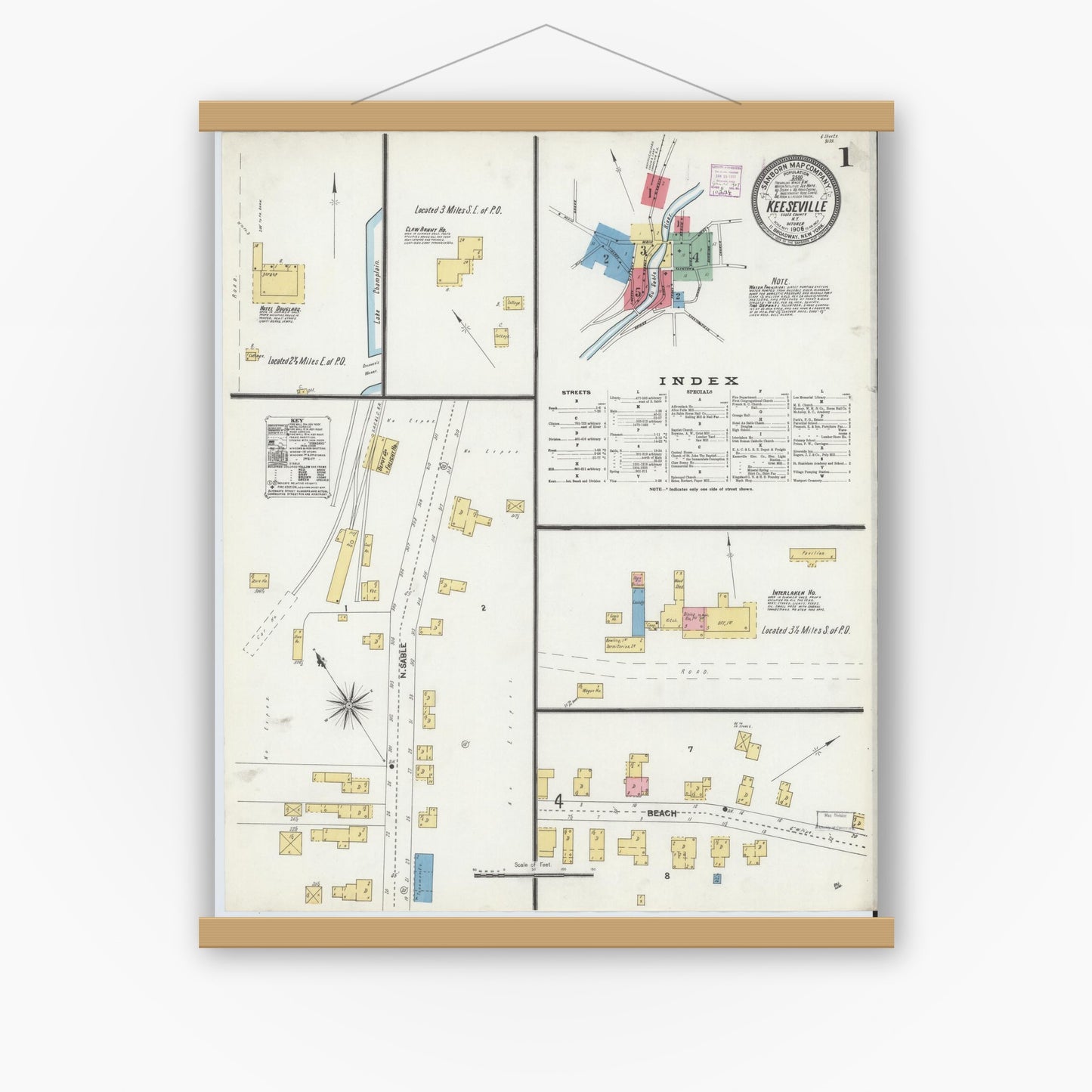 Old map wall art mockup — magnetic wood frame on white wall — Sanborn Fire Insurance Map from Keeseville, Essex County, New York (1906) - Complete Map Set