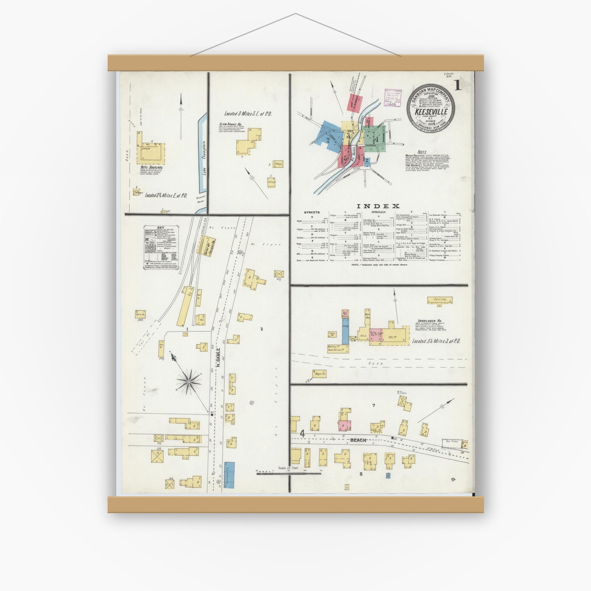 Old map wall art mockup — magnetic wood frame on white wall — Sanborn Fire Insurance Map from Keeseville, Essex County, New York (1906) - Complete Map Set