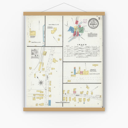 Old map wall art mockup — magnetic wood frame on white wall — Sanborn Fire Insurance Map from Keeseville, Essex County, New York (1906) - Complete Map Set