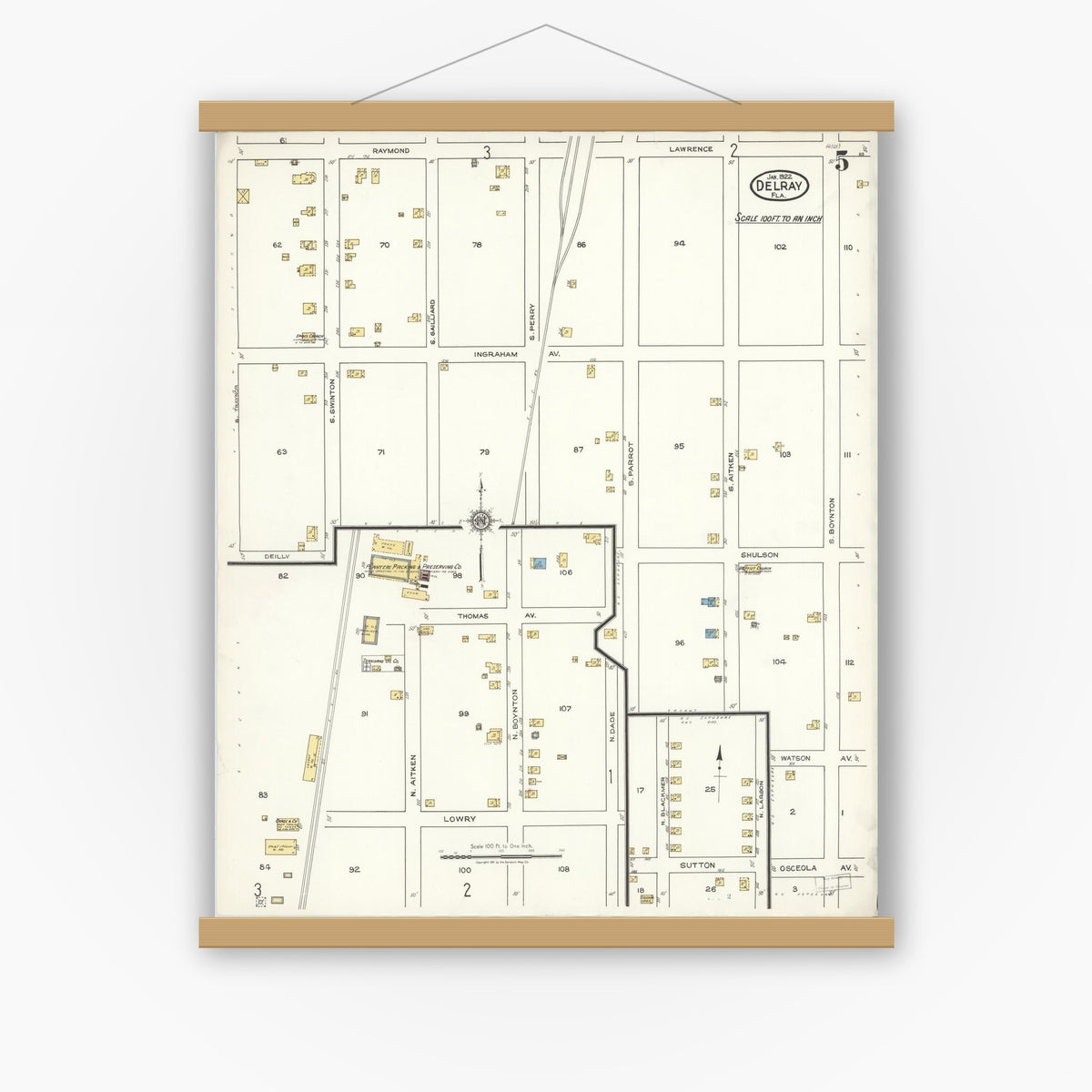 Old map wall art mockup — magnetic wood frame on white wall — Sanborn Fire Insurance Map from Delray, Palm Beach County, Florida (1922), Sheet #0005
