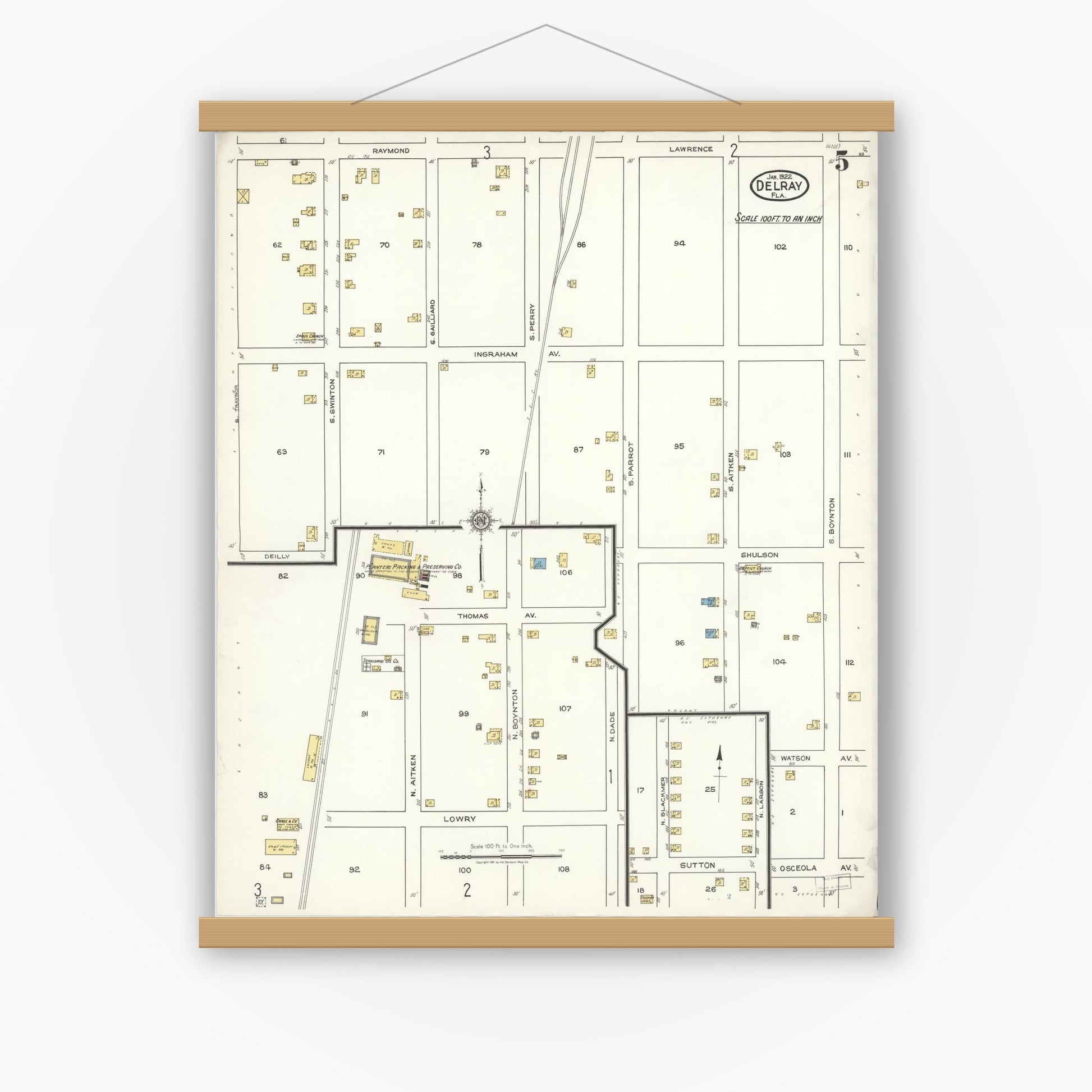 Old map wall art mockup — magnetic wood frame on white wall — Sanborn Fire Insurance Map from Delray, Palm Beach County, Florida (1922), Sheet #0005