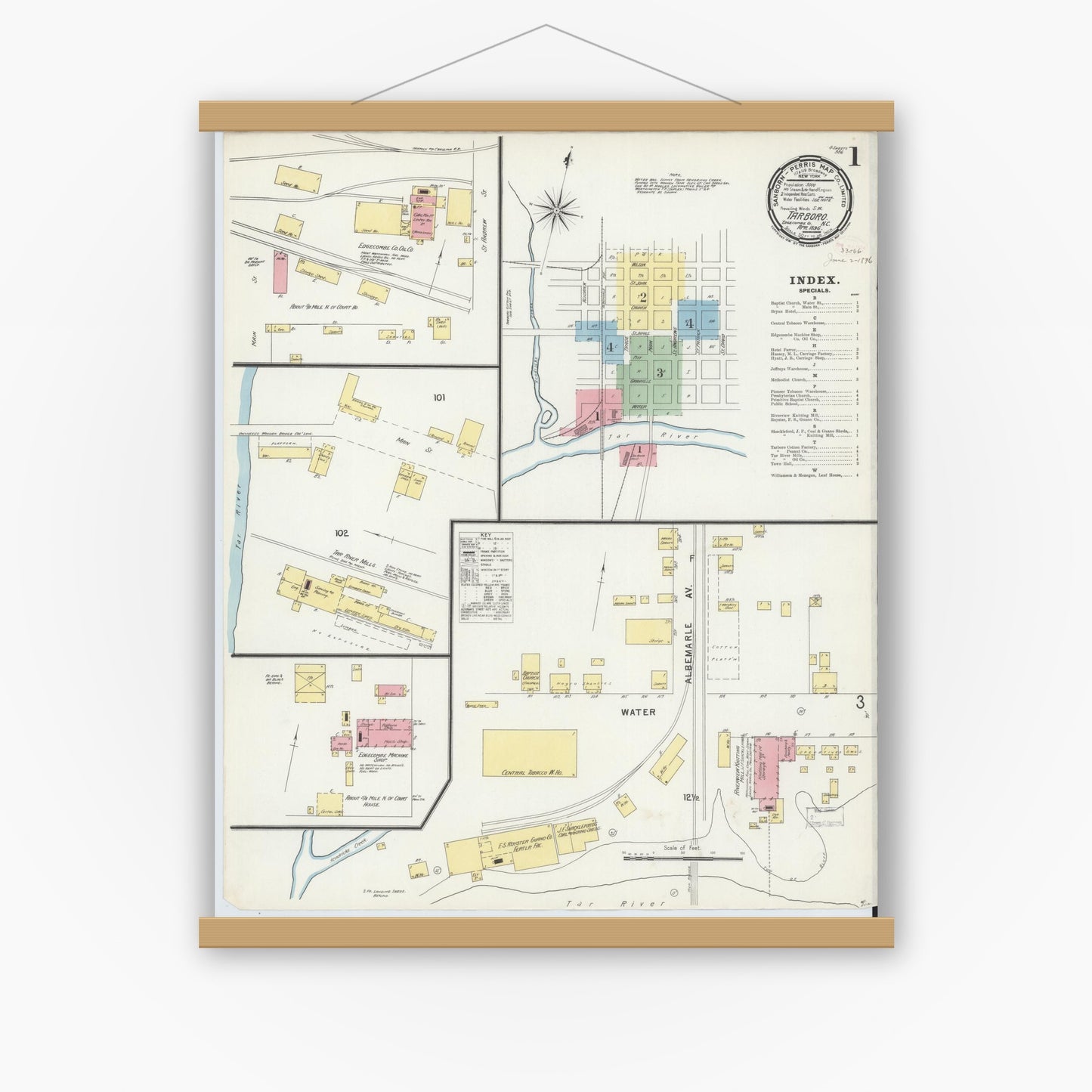 Old map wall art mockup — magnetic wood frame on white wall — Sanborn Fire Insurance Map from Tarboro, Edgecombe County, North Carolina (1896) - Complete Map Set