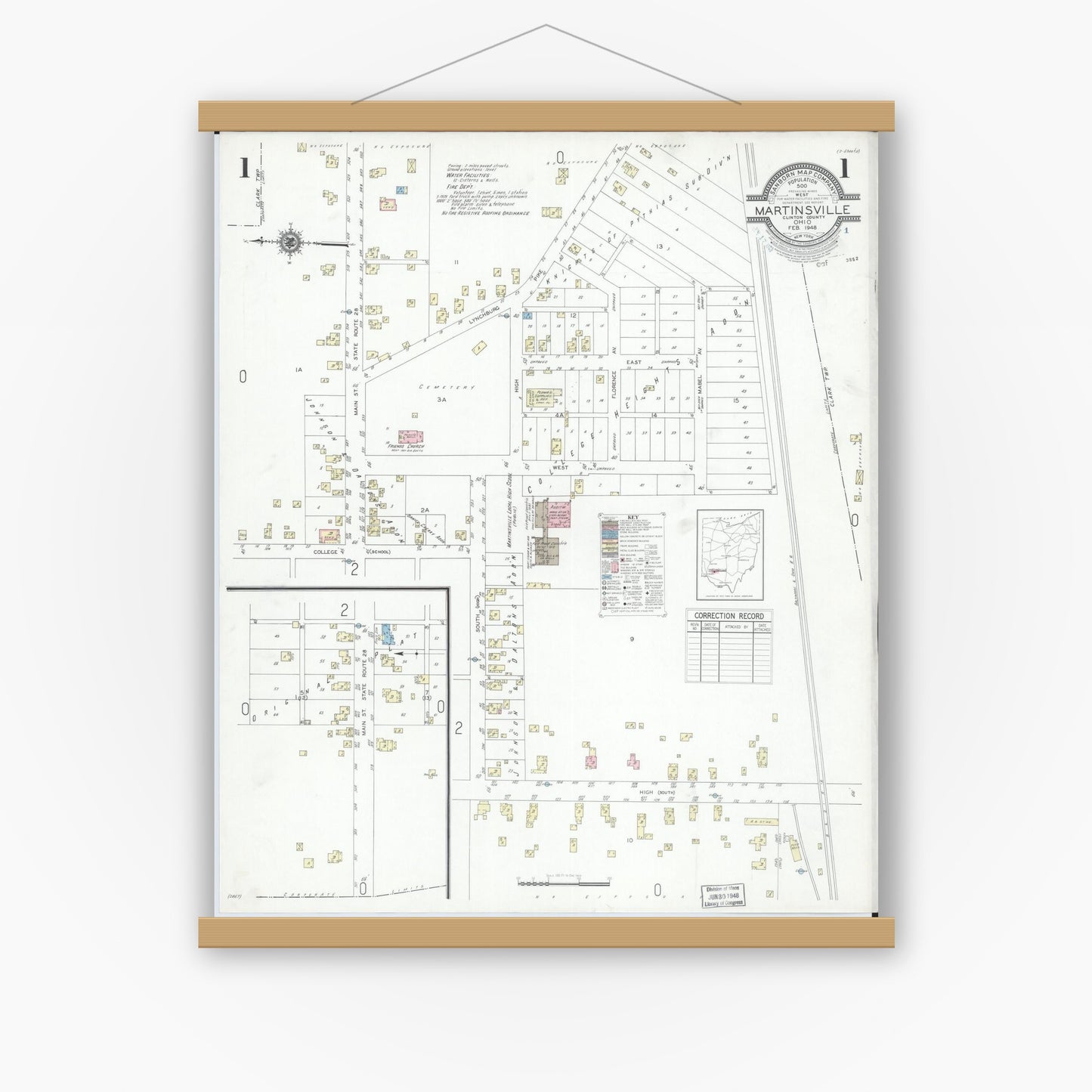 Old map wall art mockup — magnetic wood frame on white wall — Sanborn Fire Insurance Map from Martinsville, Clinton County, Ohio (1948), Sheet #0001