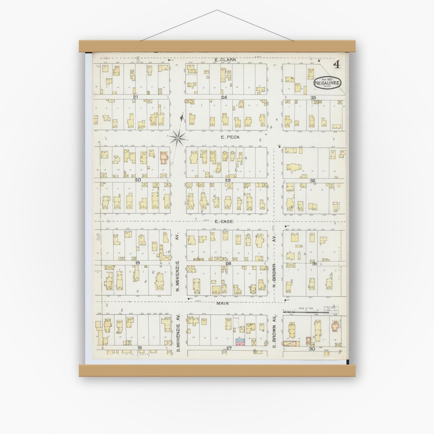 Old map wall art mockup — magnetic wood frame on white wall — Sanborn Fire Insurance Map from Negaunee, Marquette County, Michigan (1892), Sheet #0004