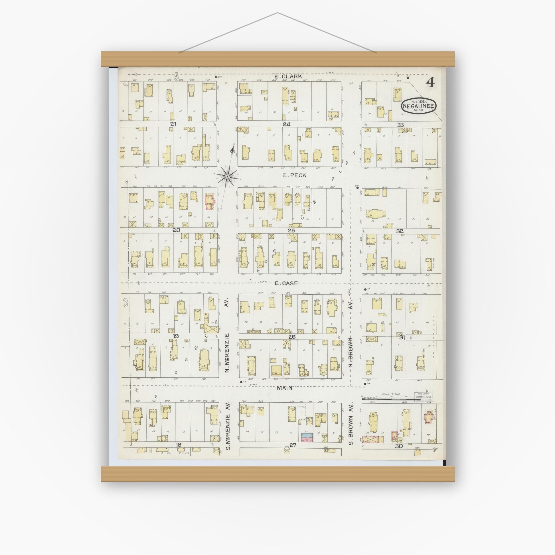 Old map wall art mockup — magnetic wood frame on white wall — Sanborn Fire Insurance Map from Negaunee, Marquette County, Michigan (1892), Sheet #0004