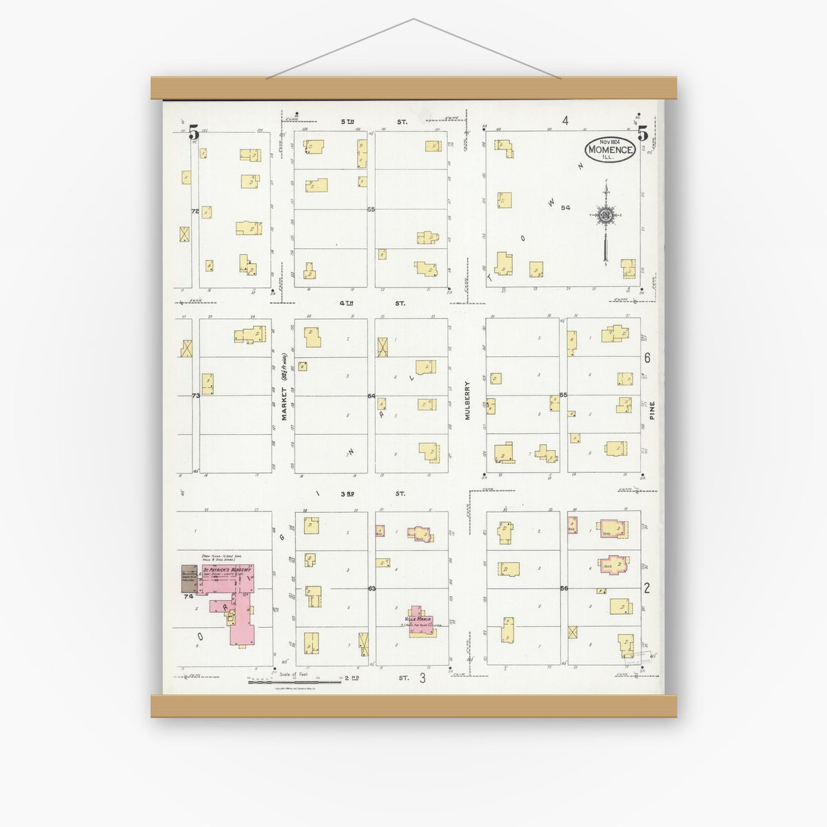 Old map wall art mockup — magnetic wood frame on white wall — Sanborn Fire Insurance Map from Momence, Kankakee County, Illinois (1924), Sheet #0005
