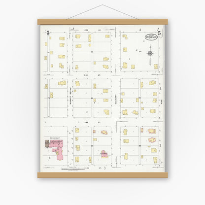 Old map wall art mockup — magnetic wood frame on white wall — Sanborn Fire Insurance Map from Momence, Kankakee County, Illinois (1924), Sheet #0005