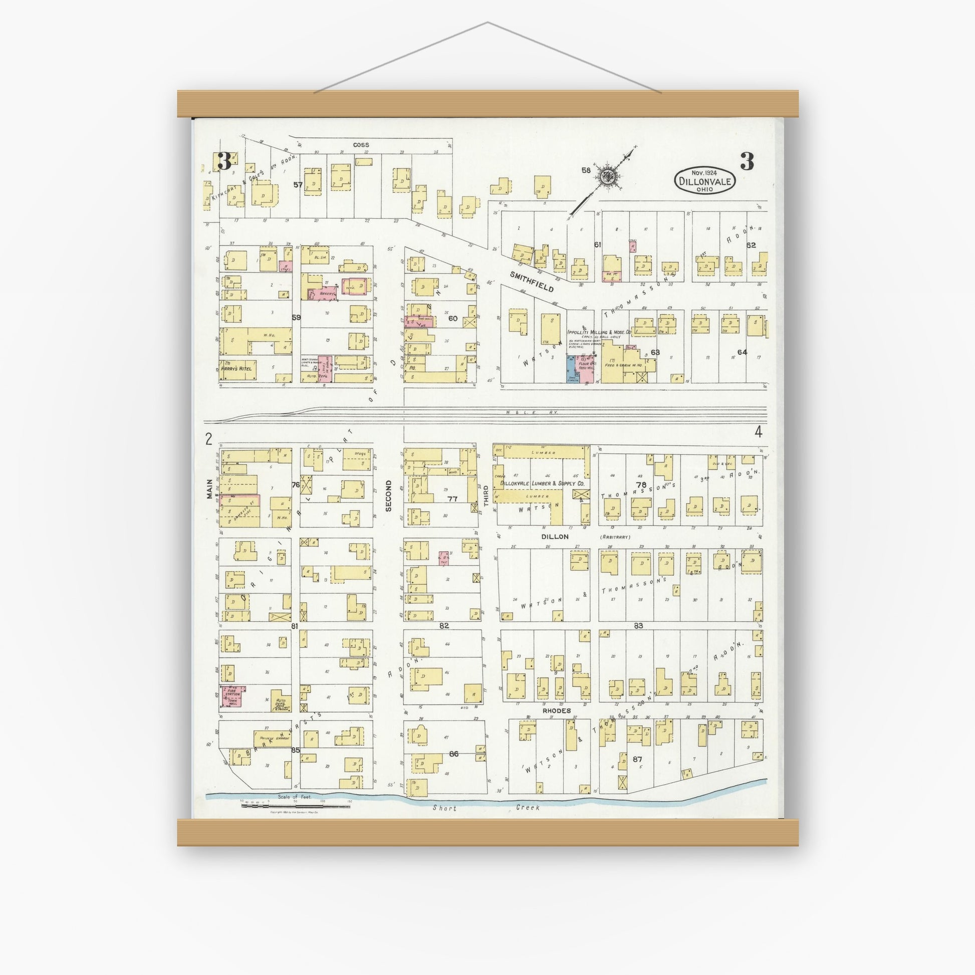 Old map wall art mockup — magnetic wood frame on white wall — Sanborn Fire Insurance Map from Dillonvale, Jefferson County, Ohio (1924), Sheet #0003