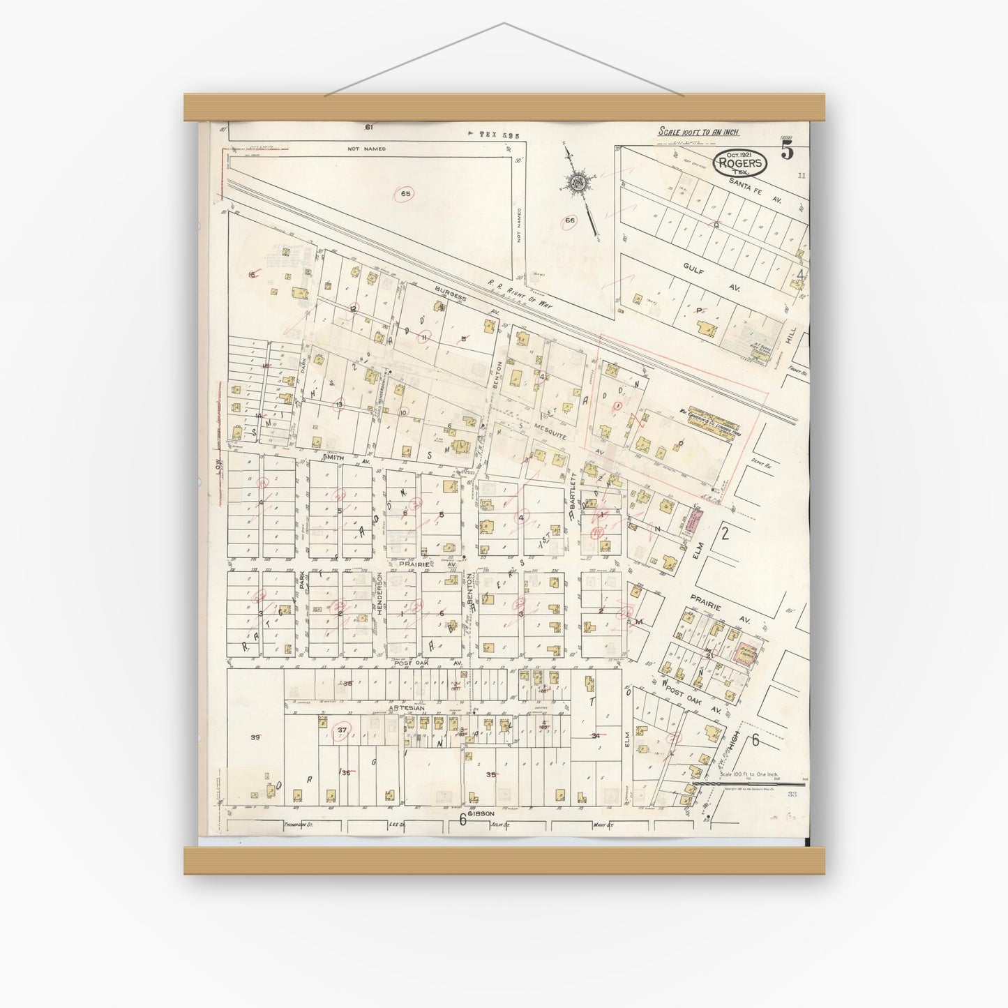 Old map wall art mockup — magnetic wood frame on white wall — Sanborn Fire Insurance Map from Rogers, Bell County, Texas (1944), Sheet #0005