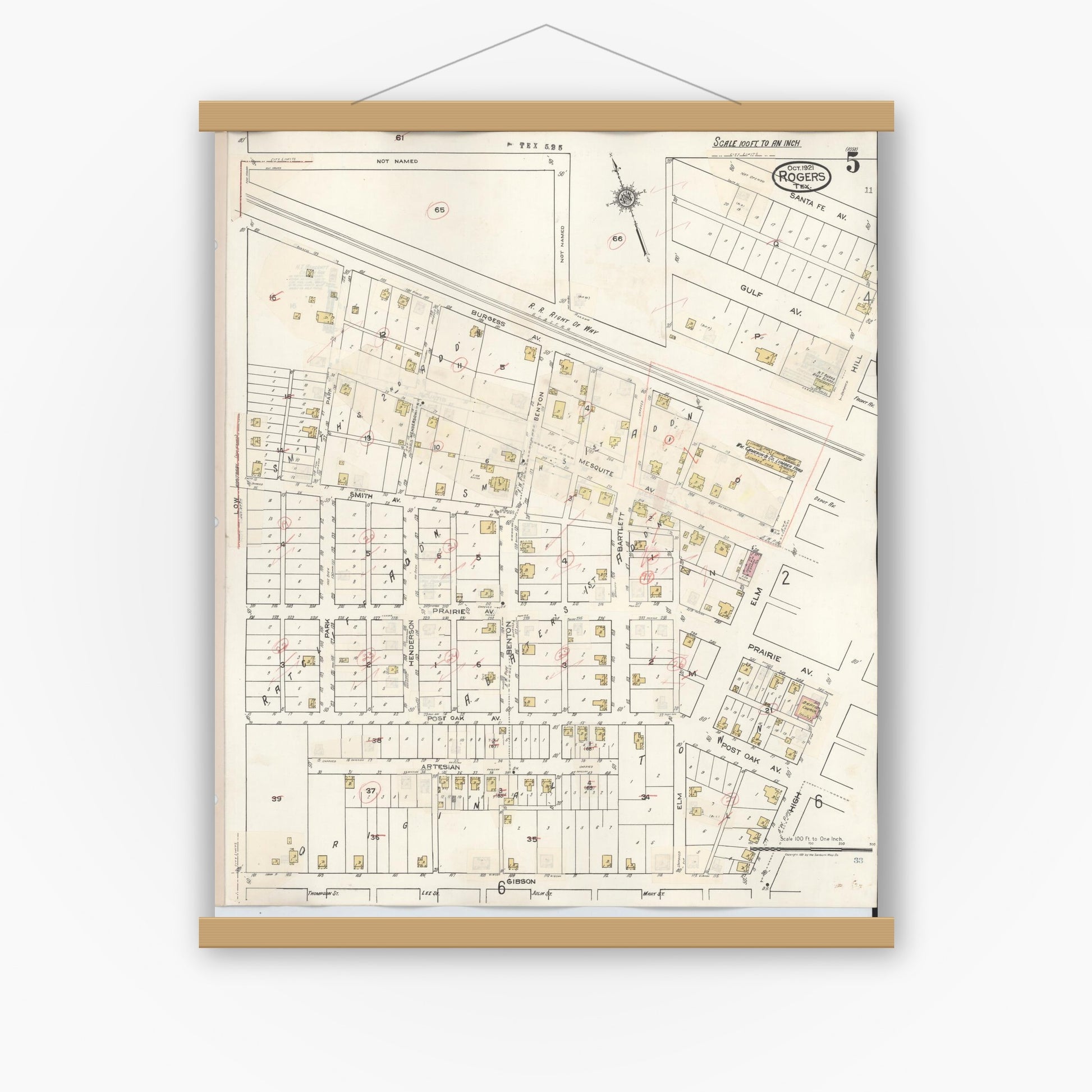 Old map wall art mockup — magnetic wood frame on white wall — Sanborn Fire Insurance Map from Rogers, Bell County, Texas (1944), Sheet #0005