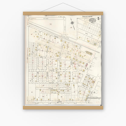 Old map wall art mockup — magnetic wood frame on white wall — Sanborn Fire Insurance Map from Rogers, Bell County, Texas (1944), Sheet #0005