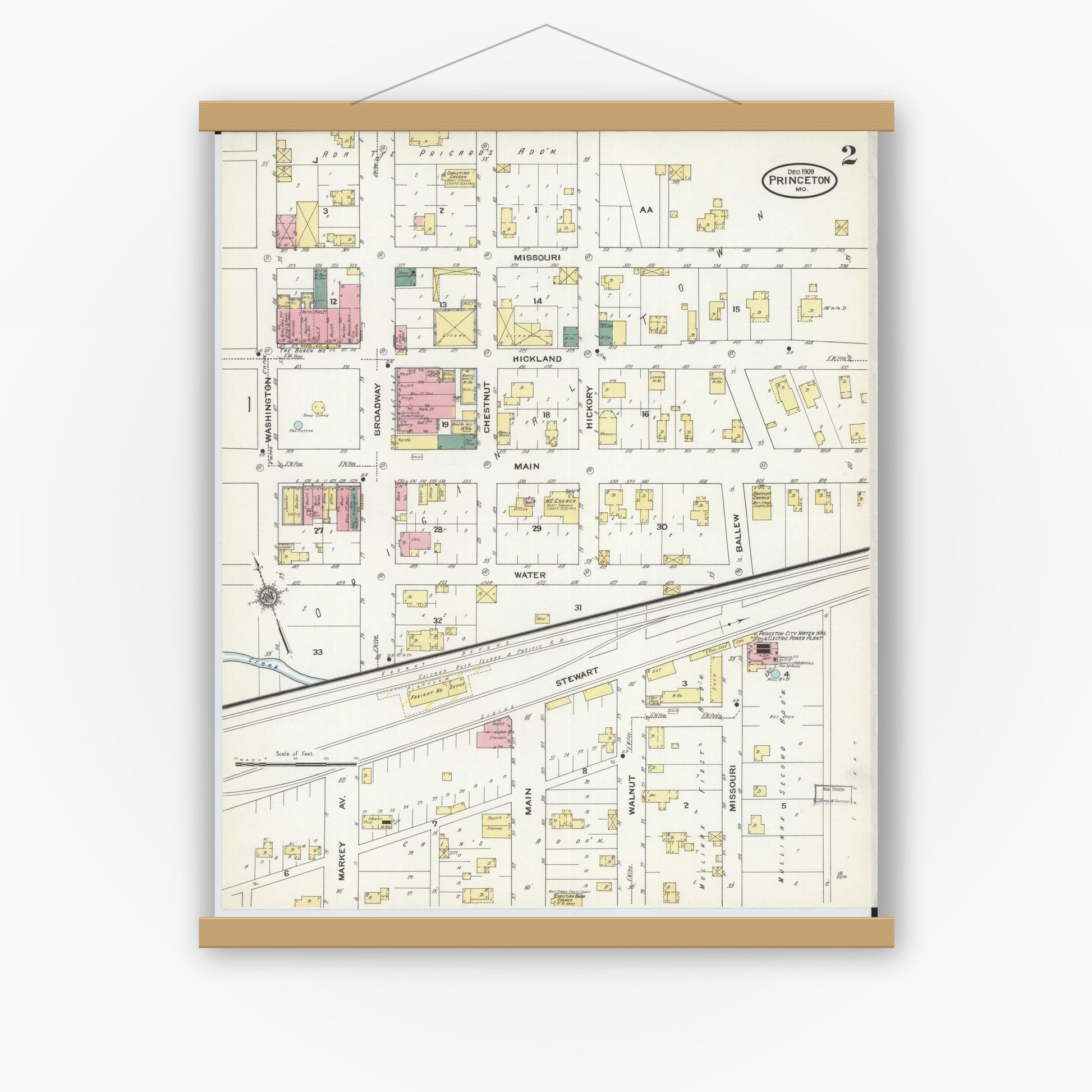 Old map wall art mockup — magnetic wood frame on white wall — Sanborn Fire Insurance Map from Princeton, Mercer County, Missouri (1909), Sheet #0002
