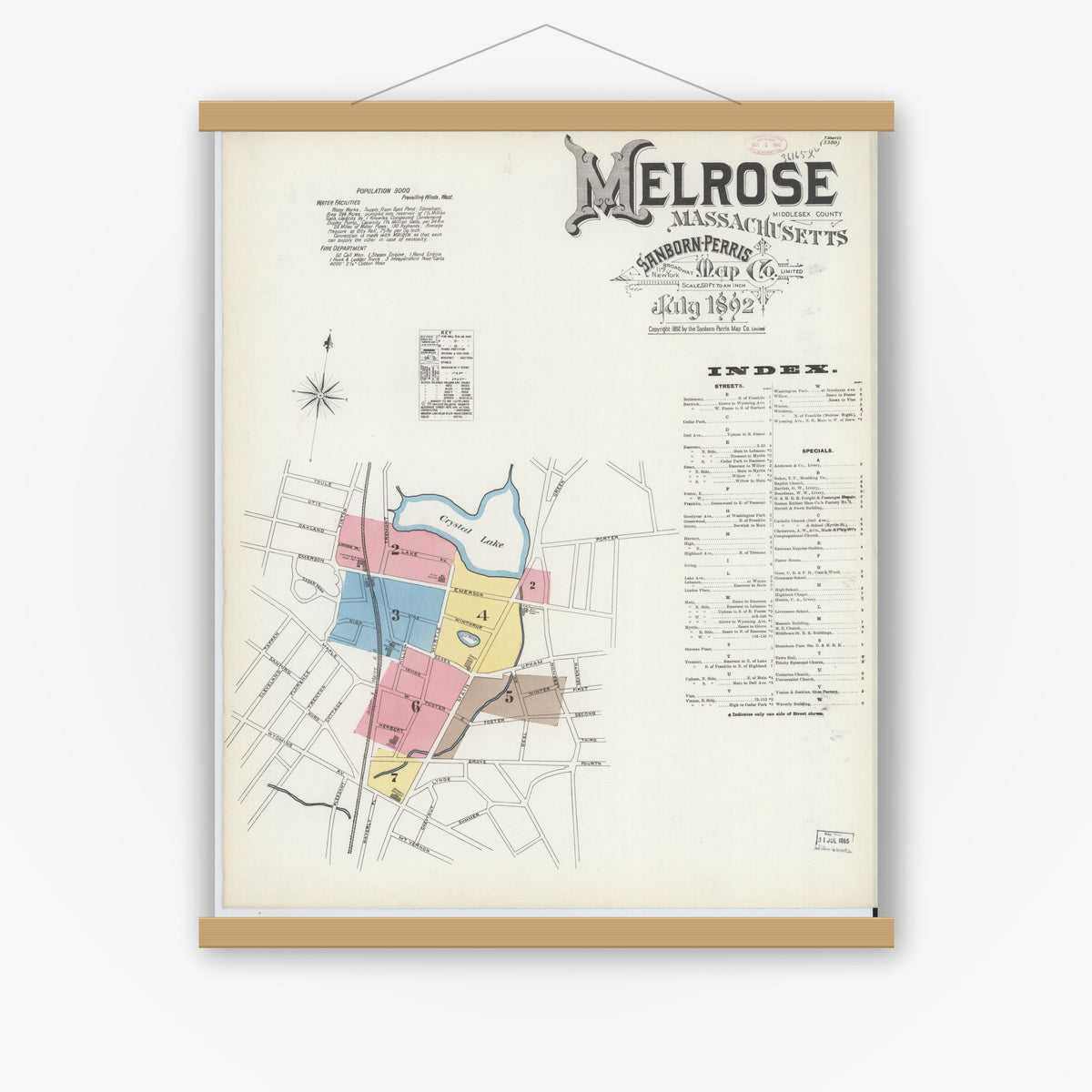 Old map wall art mockup — magnetic wood frame on white wall — Sanborn Fire Insurance Map from Melrose, Middlesex County, Massachusetts (1892) - Complete Map Set