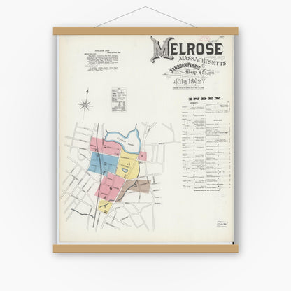 Old map wall art mockup — magnetic wood frame on white wall — Sanborn Fire Insurance Map from Melrose, Middlesex County, Massachusetts (1892) - Complete Map Set