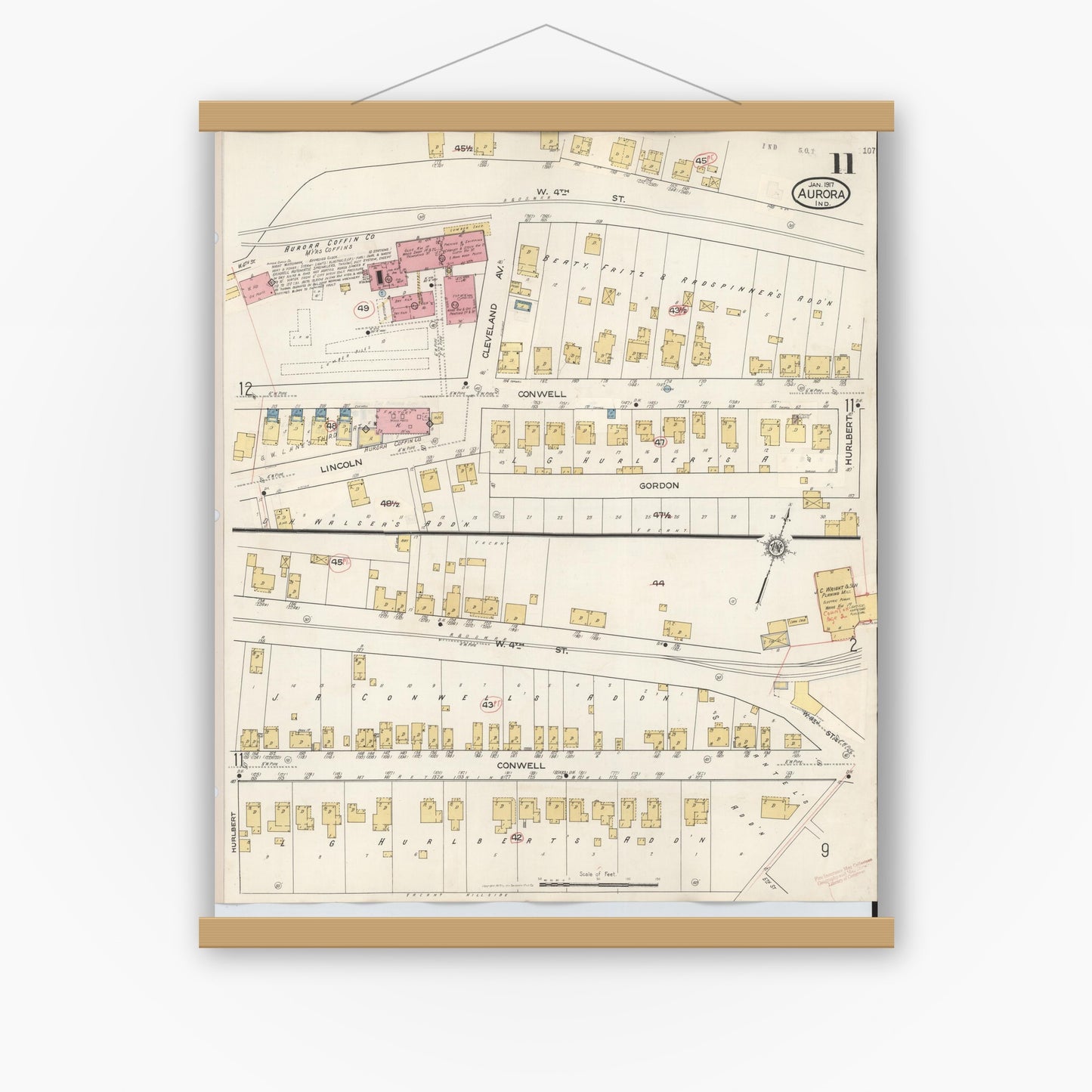 Old map wall art mockup — magnetic wood frame on white wall — Sanborn Fire Insurance Map from Aurora, Dearborn County, Indiana (1935), Sheet #0011