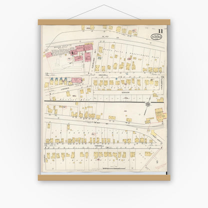 Old map wall art mockup — magnetic wood frame on white wall — Sanborn Fire Insurance Map from Aurora, Dearborn County, Indiana (1935), Sheet #0011