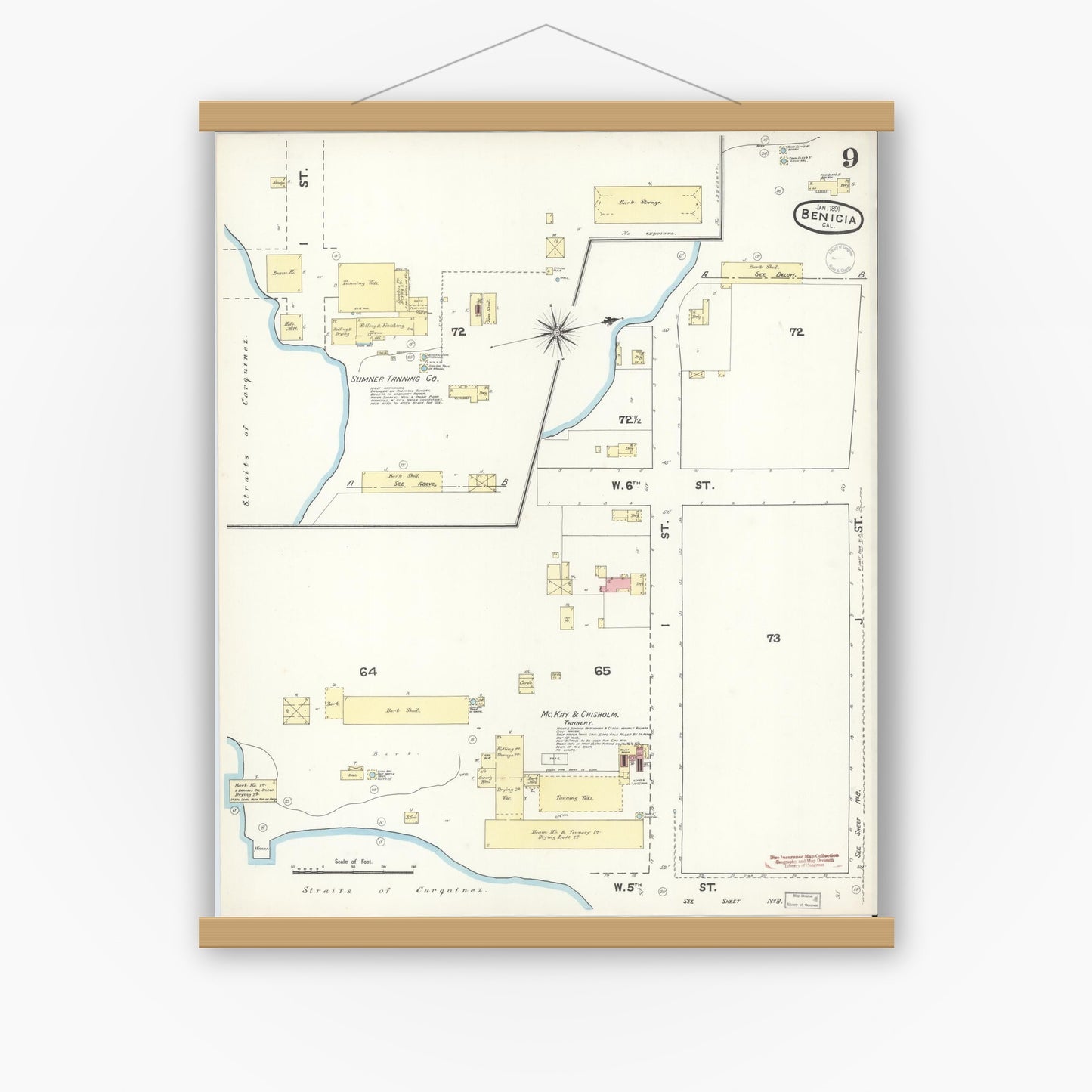 Old map wall art mockup — magnetic wood frame on white wall — Sanborn Fire Insurance Map from Benicia, Solano County, California (1891), Sheet #0009