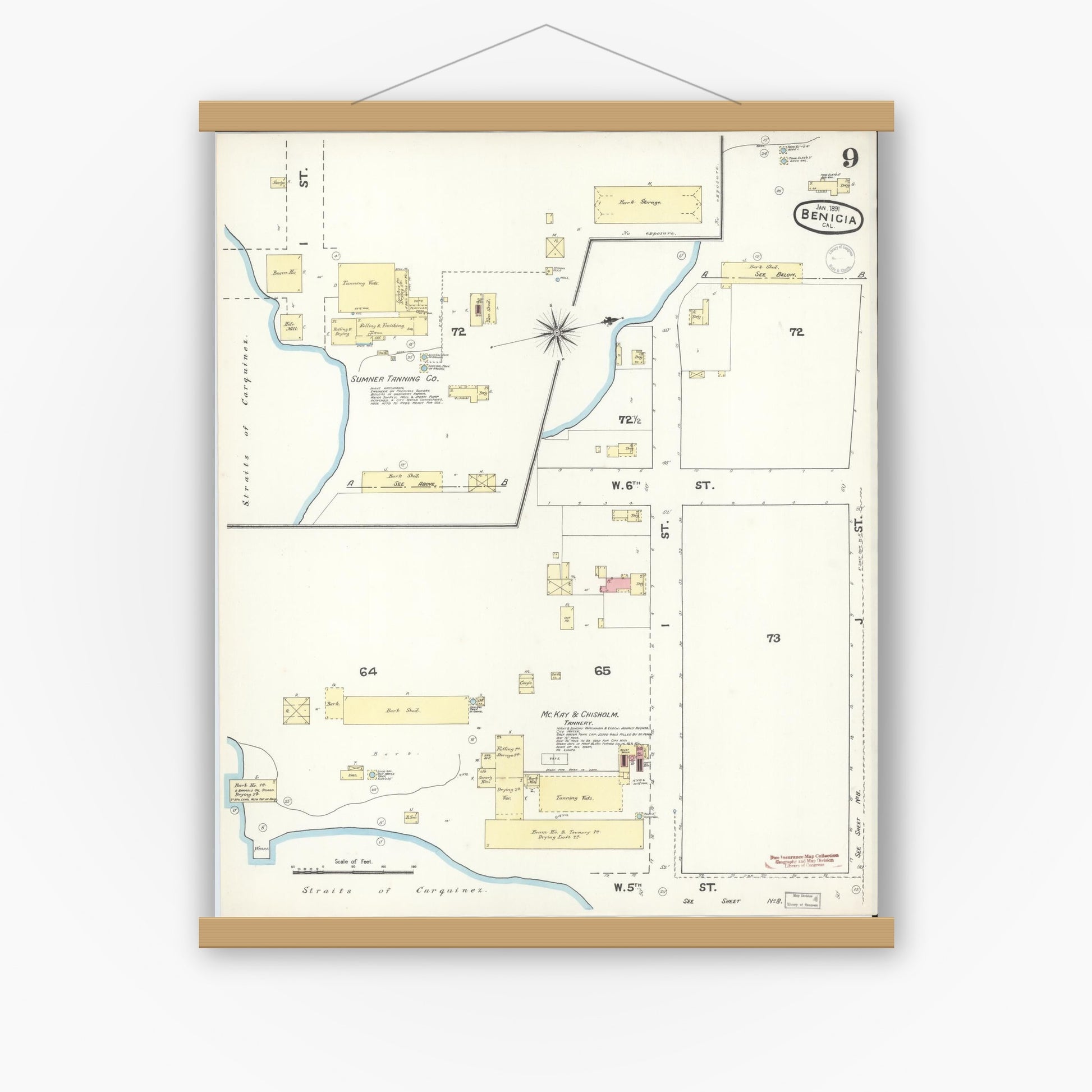 Old map wall art mockup — magnetic wood frame on white wall — Sanborn Fire Insurance Map from Benicia, Solano County, California (1891), Sheet #0009