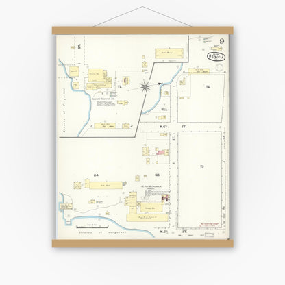 Old map wall art mockup — magnetic wood frame on white wall — Sanborn Fire Insurance Map from Benicia, Solano County, California (1891), Sheet #0009