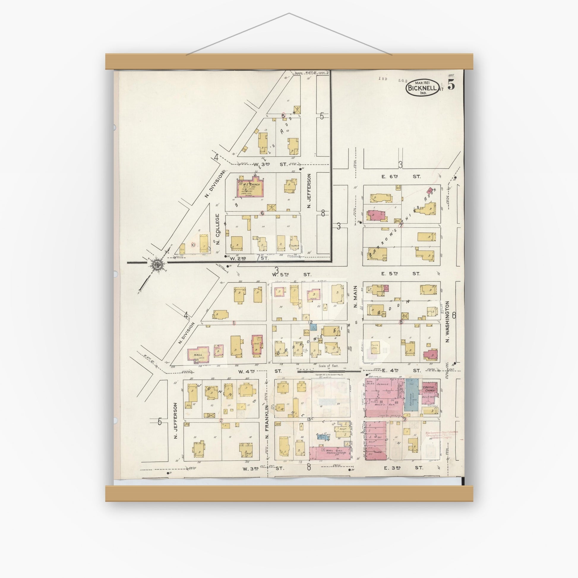 Old map wall art mockup — magnetic wood frame on white wall — Sanborn Fire Insurance Map from Bicknell, Knox County, Indiana (1946), Sheet #0005