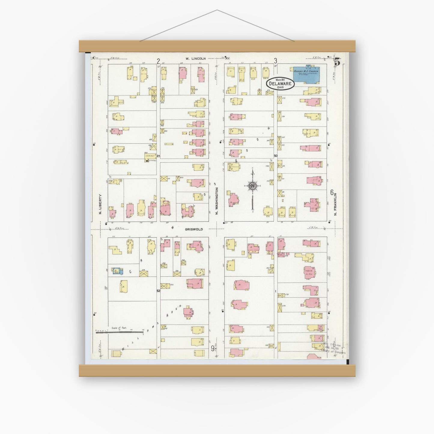 Old map wall art mockup — magnetic wood frame on white wall — Sanborn Fire Insurance Map from Delaware, Delaware County, Ohio (1911), Sheet #0005
