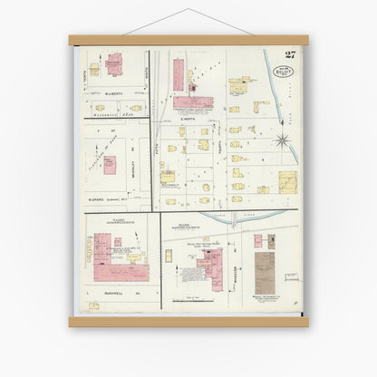 Old map wall art mockup — magnetic wood frame on white wall — Sanborn Fire Insurance Map from Beloit, Rock County, Wisconsin (1908), Sheet #0027