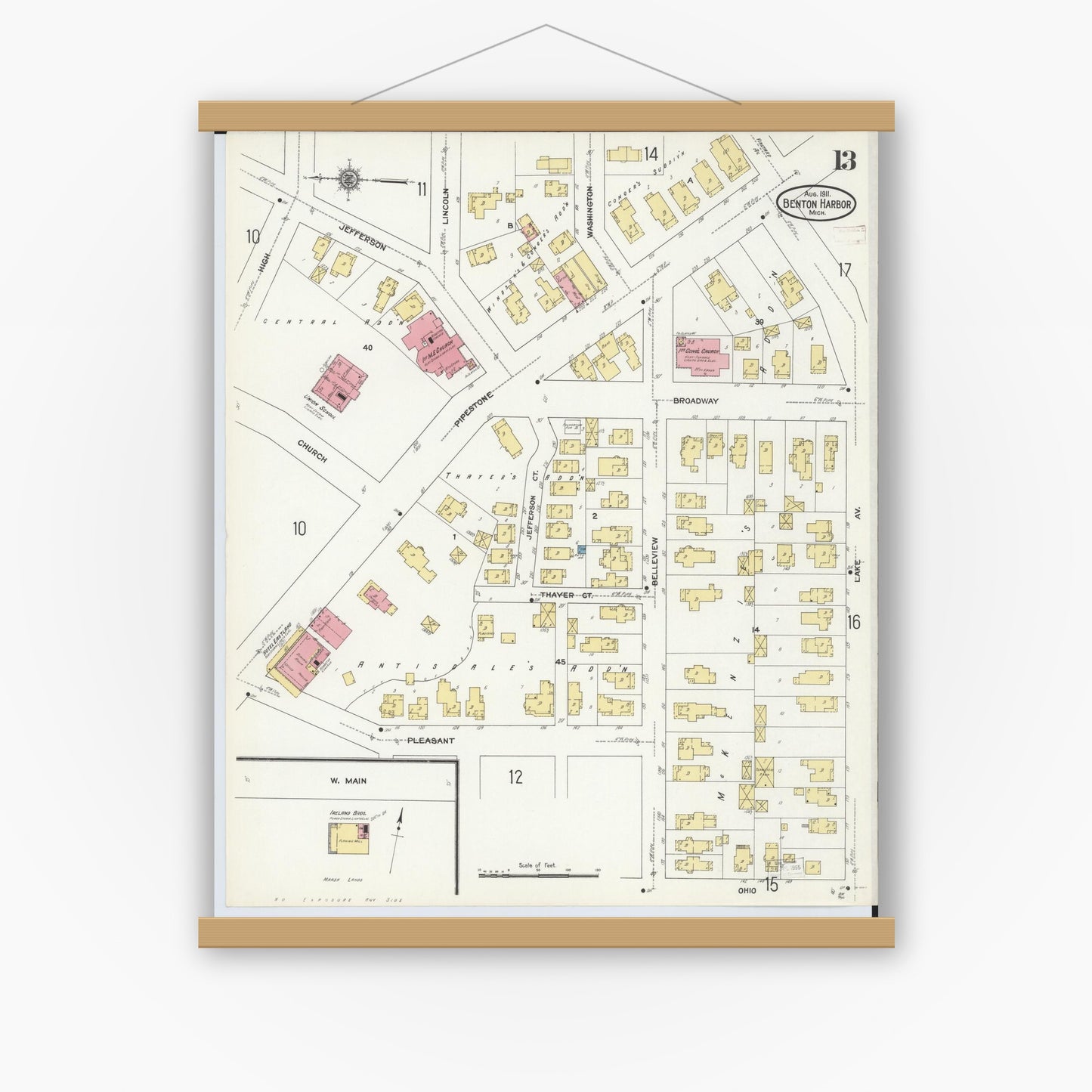 Old map wall art mockup — magnetic wood frame on white wall — Sanborn Fire Insurance Map from Benton Harbor, Berrien County, Michigan (1911), Sheet #0013