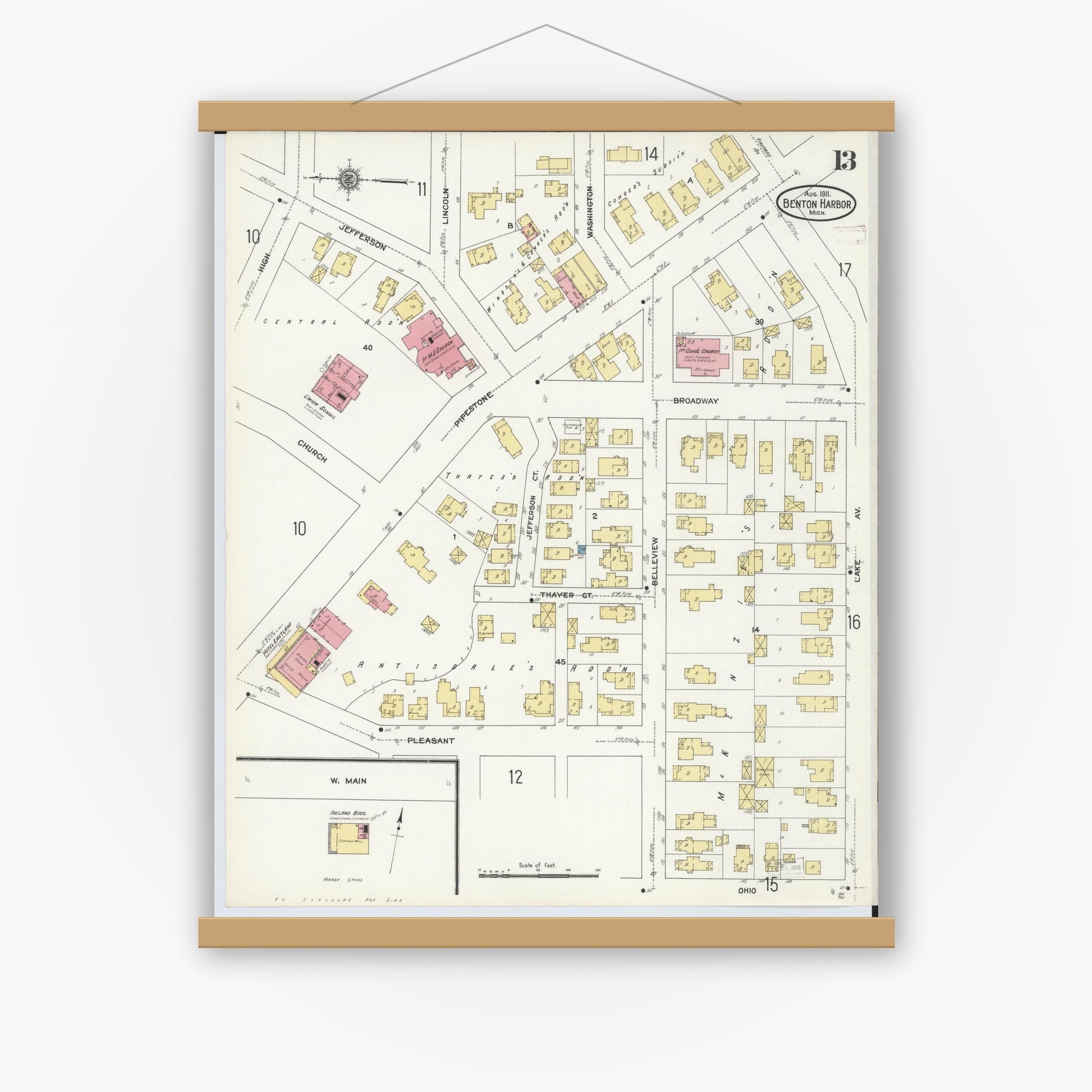 Old map wall art mockup — magnetic wood frame on white wall — Sanborn Fire Insurance Map from Benton Harbor, Berrien County, Michigan (1911), Sheet #0013