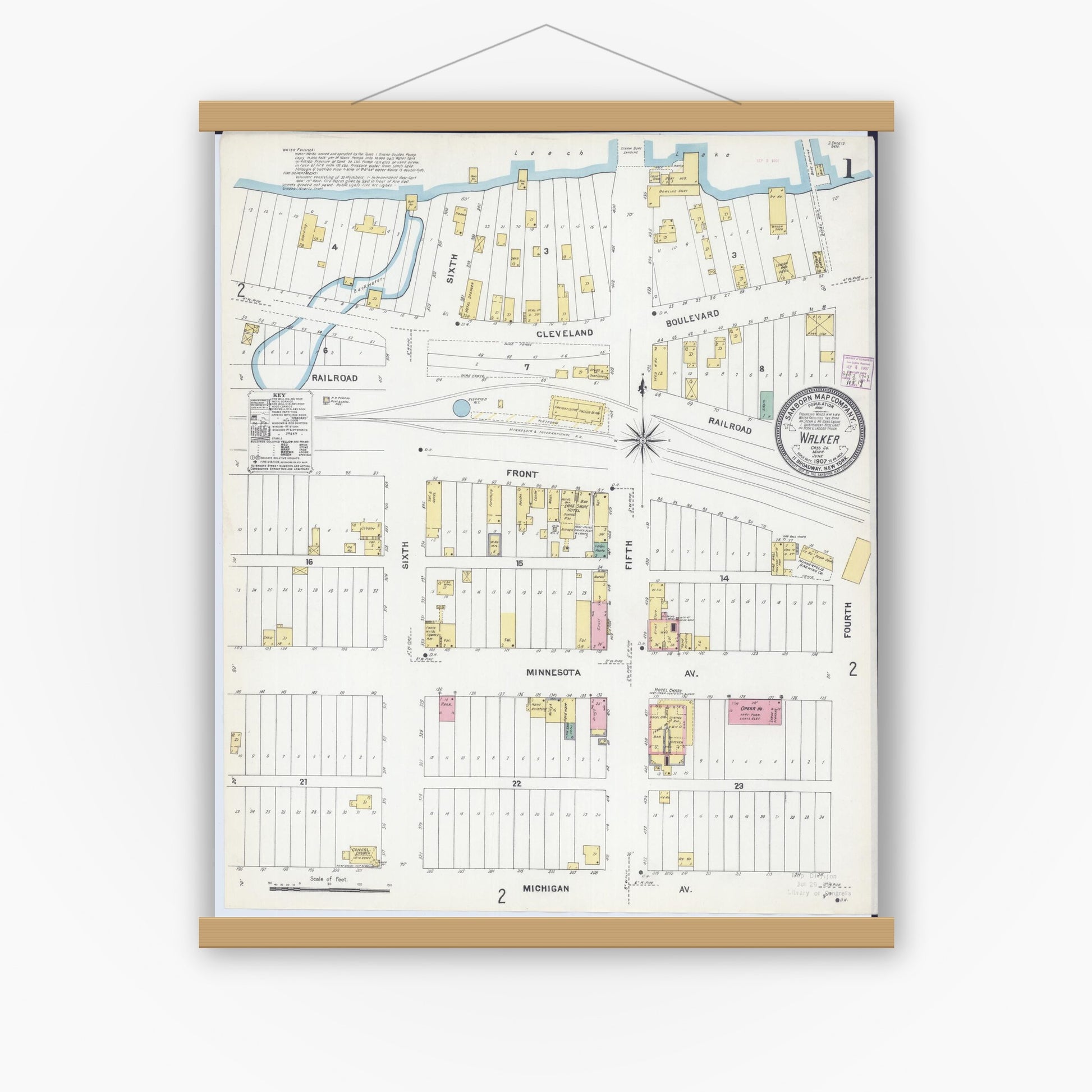 Old map wall art mockup — magnetic wood frame on white wall — Sanborn Fire Insurance Map from Walker, Cass County, Minnesota (1907) - Complete Map Set