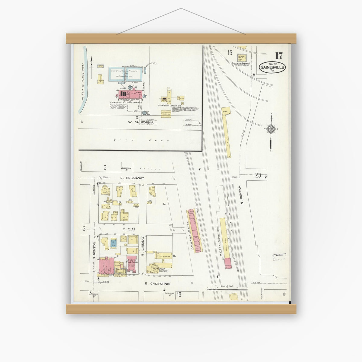 Old map wall art mockup — magnetic wood frame on white wall — Sanborn Fire Insurance Map from Gainesville, Cooke County, Texas (1913), Sheet #0017