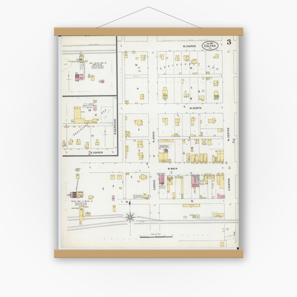 Old map wall art mockup — magnetic wood frame on white wall — Sanborn Fire Insurance Map from Colfax, McLean County, Illinois (1899), Sheet #0003