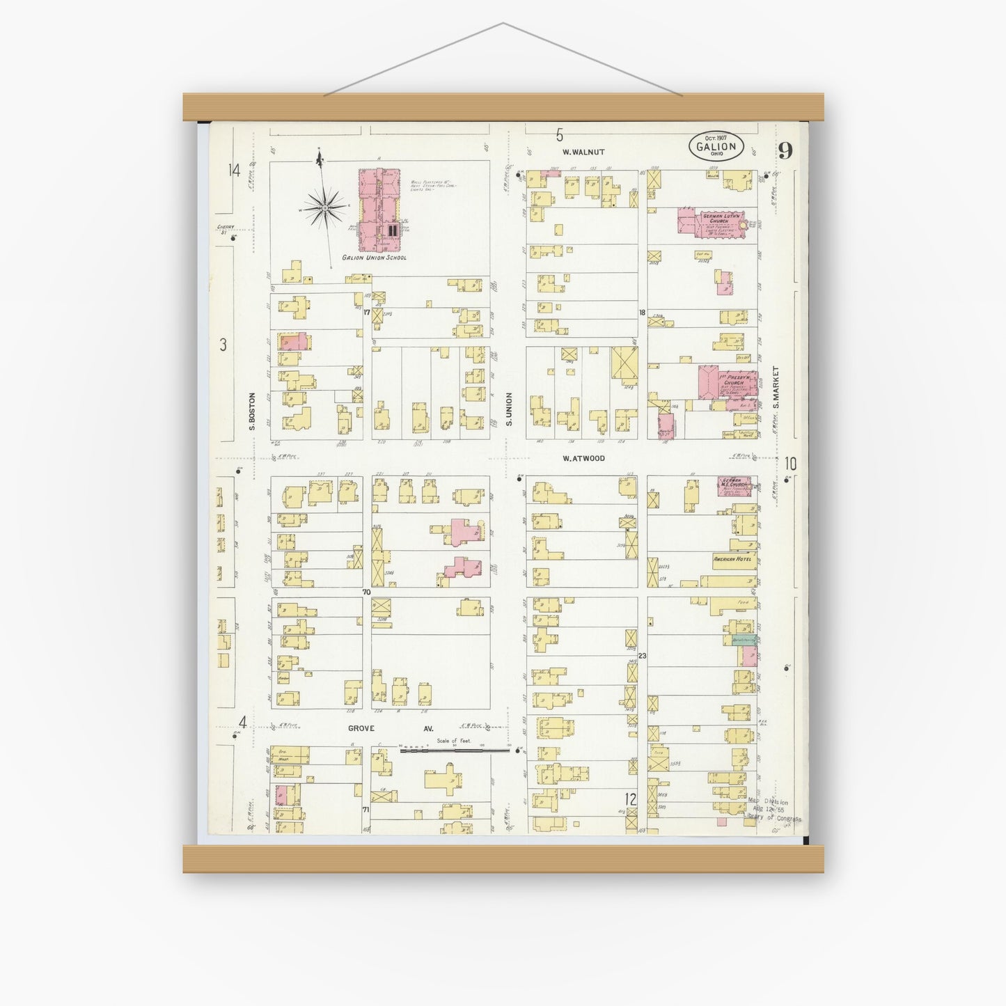 Old map wall art mockup — magnetic wood frame on white wall — Sanborn Fire Insurance Map from Galion, Crawford County, Ohio (1907), Sheet #0009