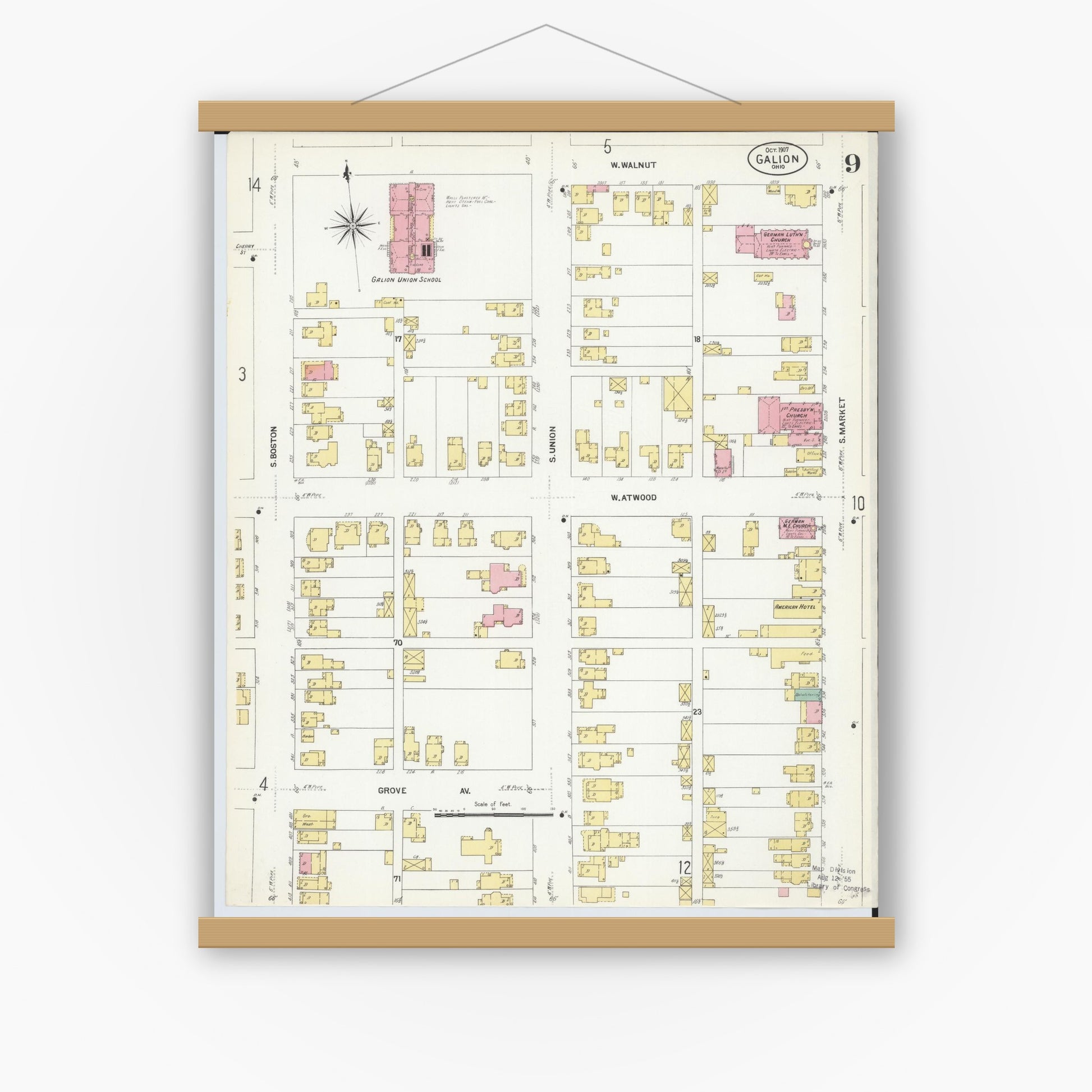 Old map wall art mockup — magnetic wood frame on white wall — Sanborn Fire Insurance Map from Galion, Crawford County, Ohio (1907), Sheet #0009