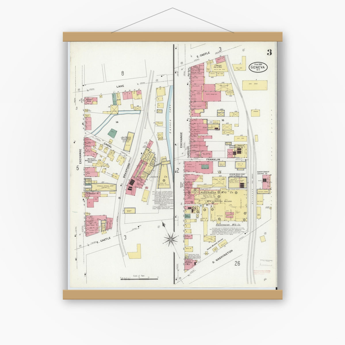 Old map wall art mockup — magnetic wood frame on white wall — Sanborn Fire Insurance Map from Geneva, Ontario County, New York (1909), Sheet #0003