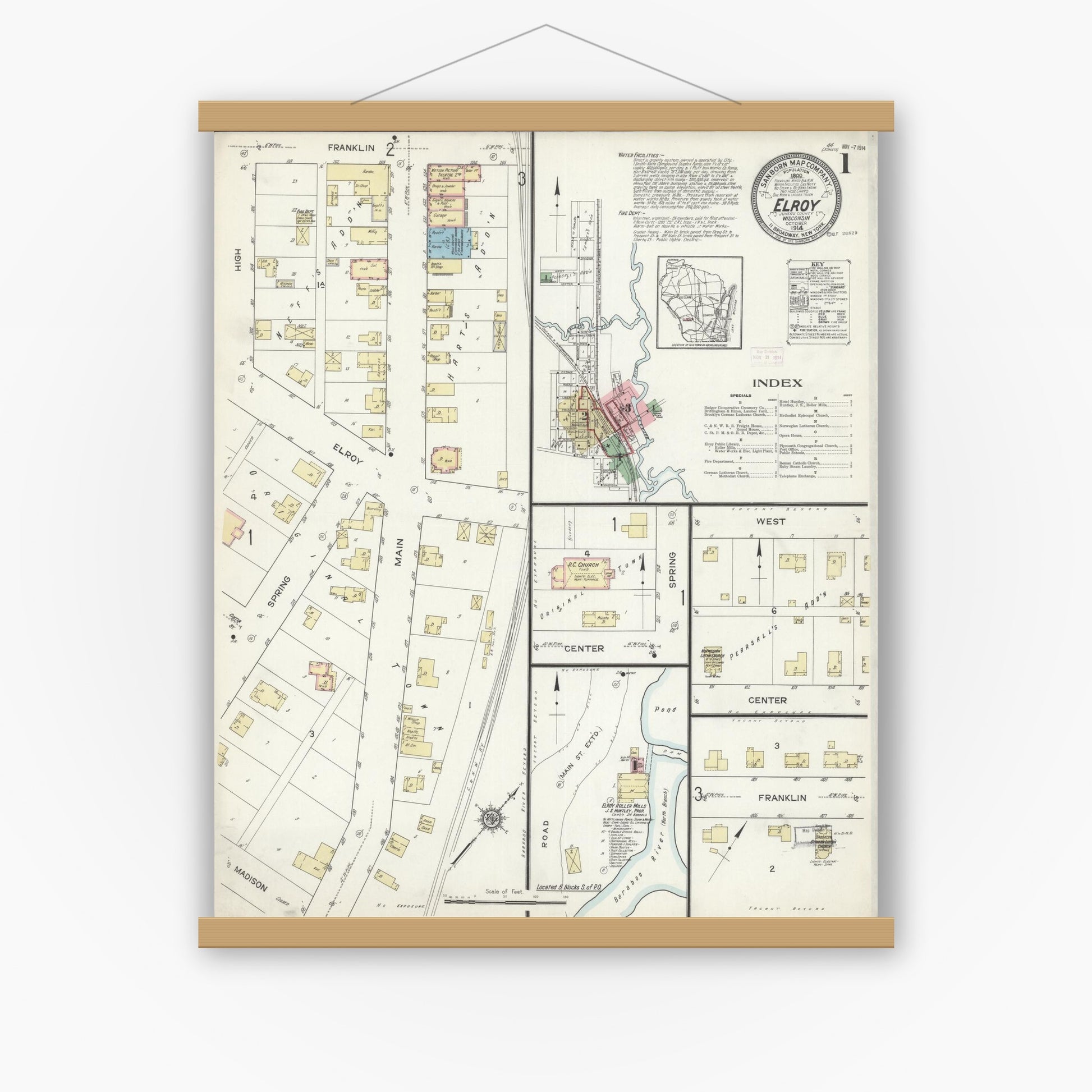 Old map wall art mockup — magnetic wood frame on white wall — Sanborn Fire Insurance Map from Elroy, Juneau County, Wisconsin (1914) - Complete Map Set