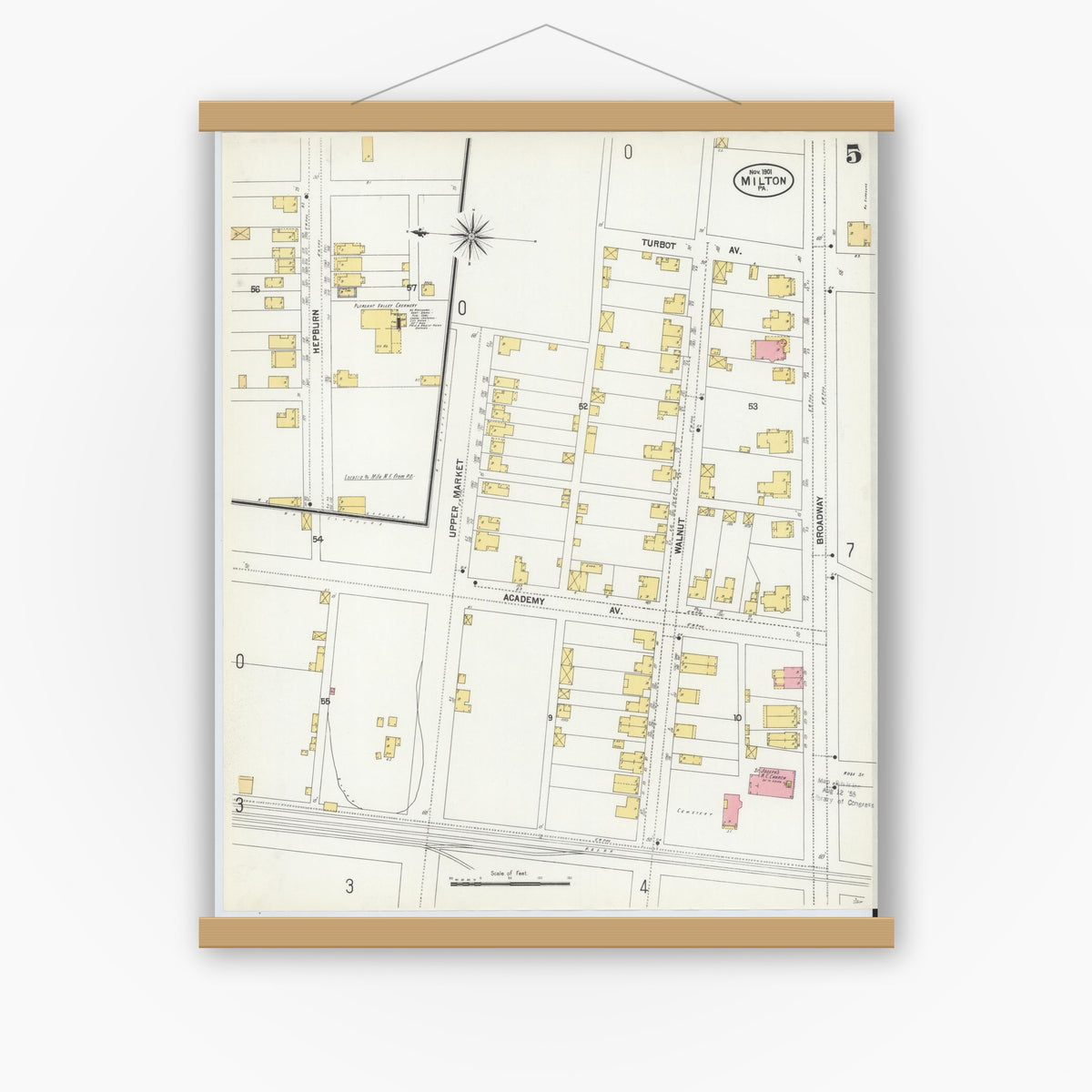 Old map wall art mockup — magnetic wood frame on white wall — Sanborn Fire Insurance Map from Milton, Northumberland County, Pennsylvania (1901), Sheet #0005