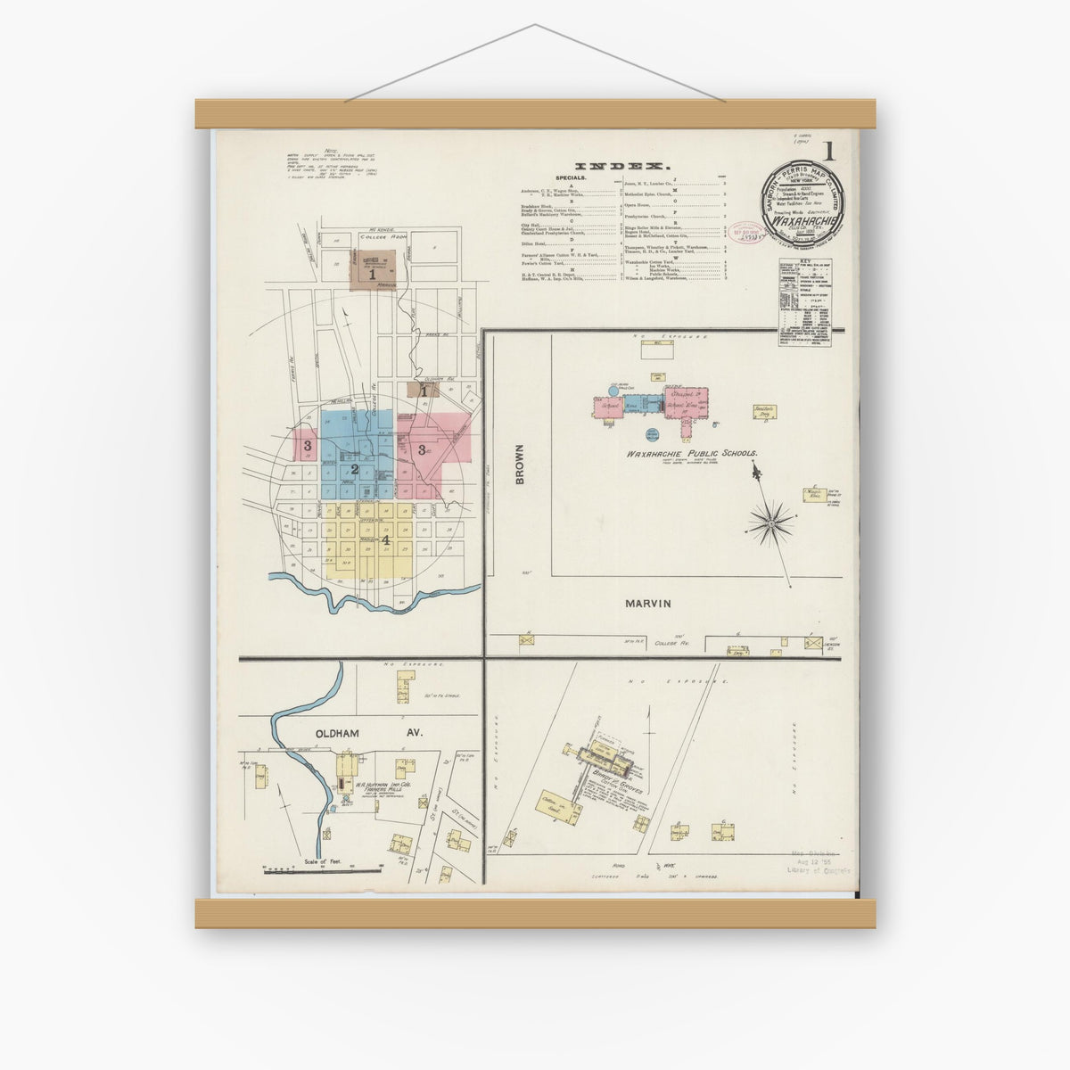 Old map wall art mockup — magnetic wood frame on white wall — Sanborn Fire Insurance Map from Waxahachie, Ellis County, Texas (1890), Sheet #0001