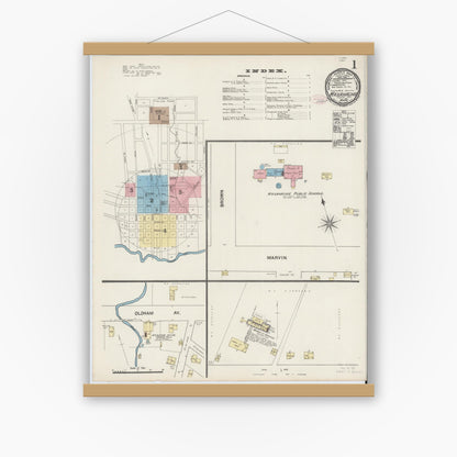 Old map wall art mockup — magnetic wood frame on white wall — Sanborn Fire Insurance Map from Waxahachie, Ellis County, Texas (1890), Sheet #0001