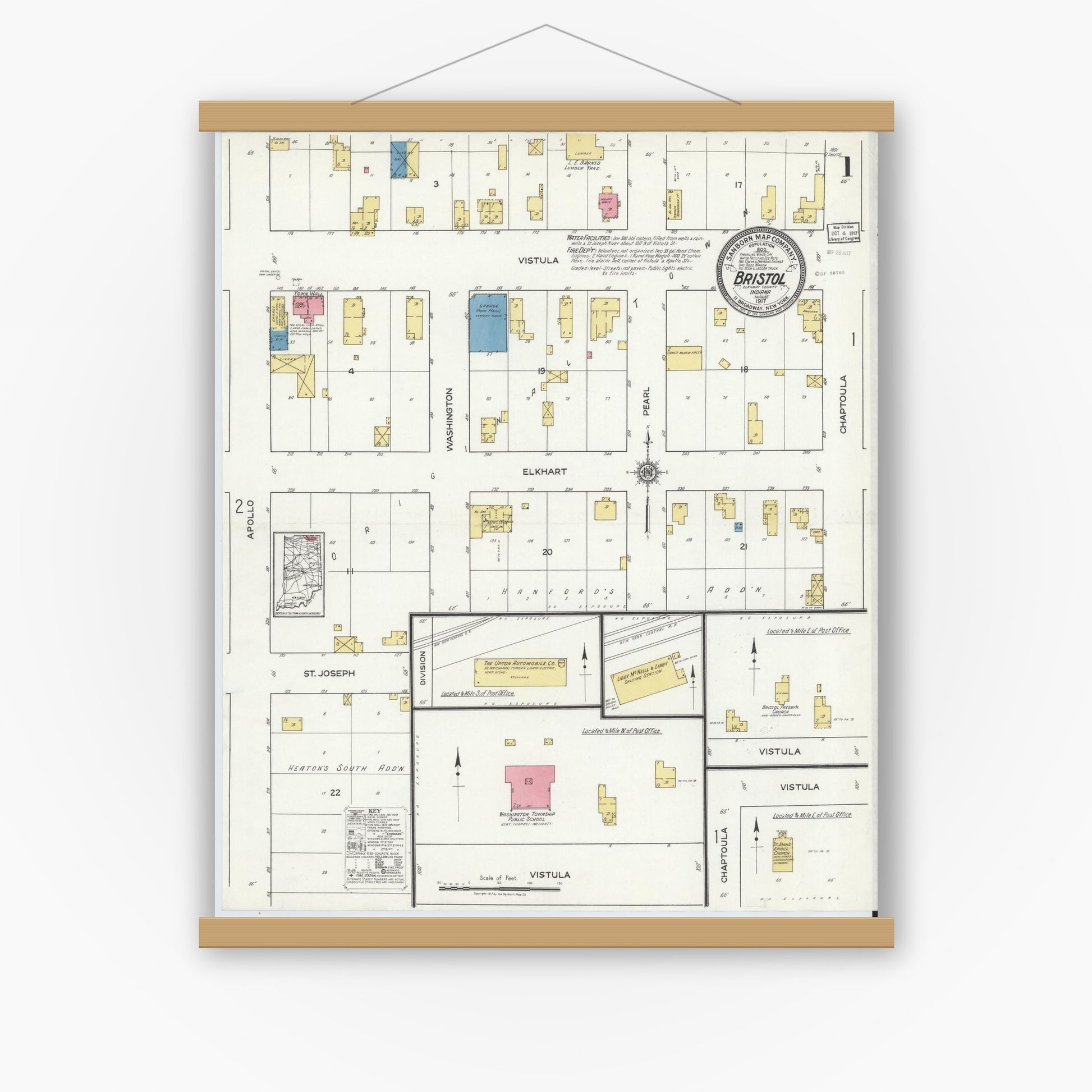 Old map wall art mockup — magnetic wood frame on white wall — Sanborn Fire Insurance Map from Bristol, Elkhart County, Indiana (1917) - Complete Map Set