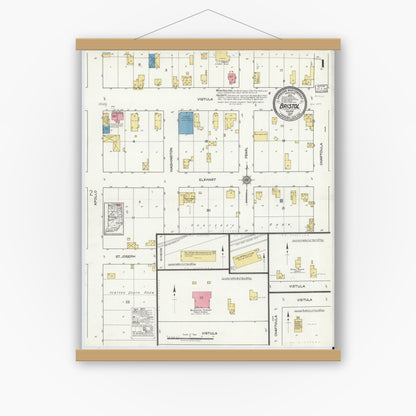 Old map wall art mockup — magnetic wood frame on white wall — Sanborn Fire Insurance Map from Bristol, Elkhart County, Indiana (1917) - Complete Map Set