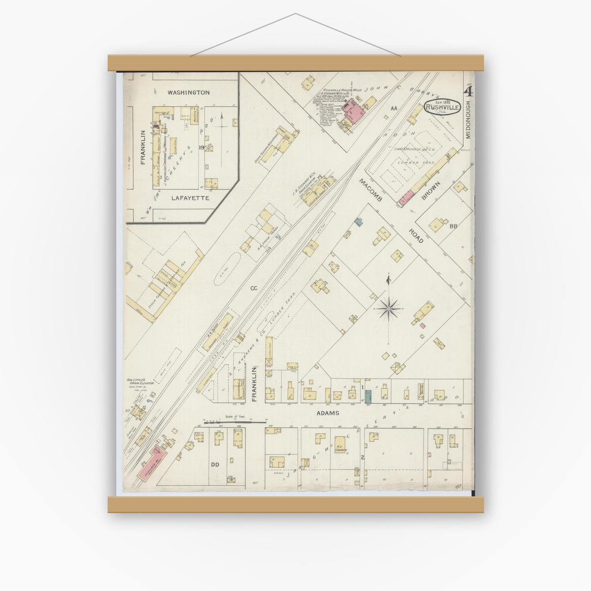 Old map wall art mockup — magnetic wood frame on white wall — Sanborn Fire Insurance Map from Rushville, Schuyler County, Illinois (1893), Sheet #0004