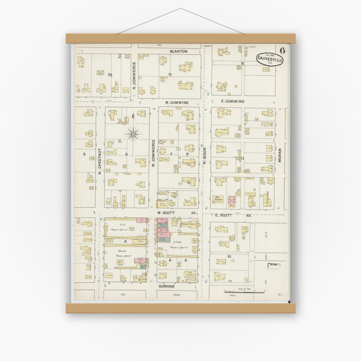 Old map wall art mockup — magnetic wood frame on white wall — Sanborn Fire Insurance Map from Gainesville, Cooke County, Texas (1888), Sheet #0006