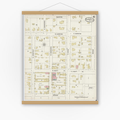 Old map wall art mockup — magnetic wood frame on white wall — Sanborn Fire Insurance Map from Gainesville, Cooke County, Texas (1888), Sheet #0006