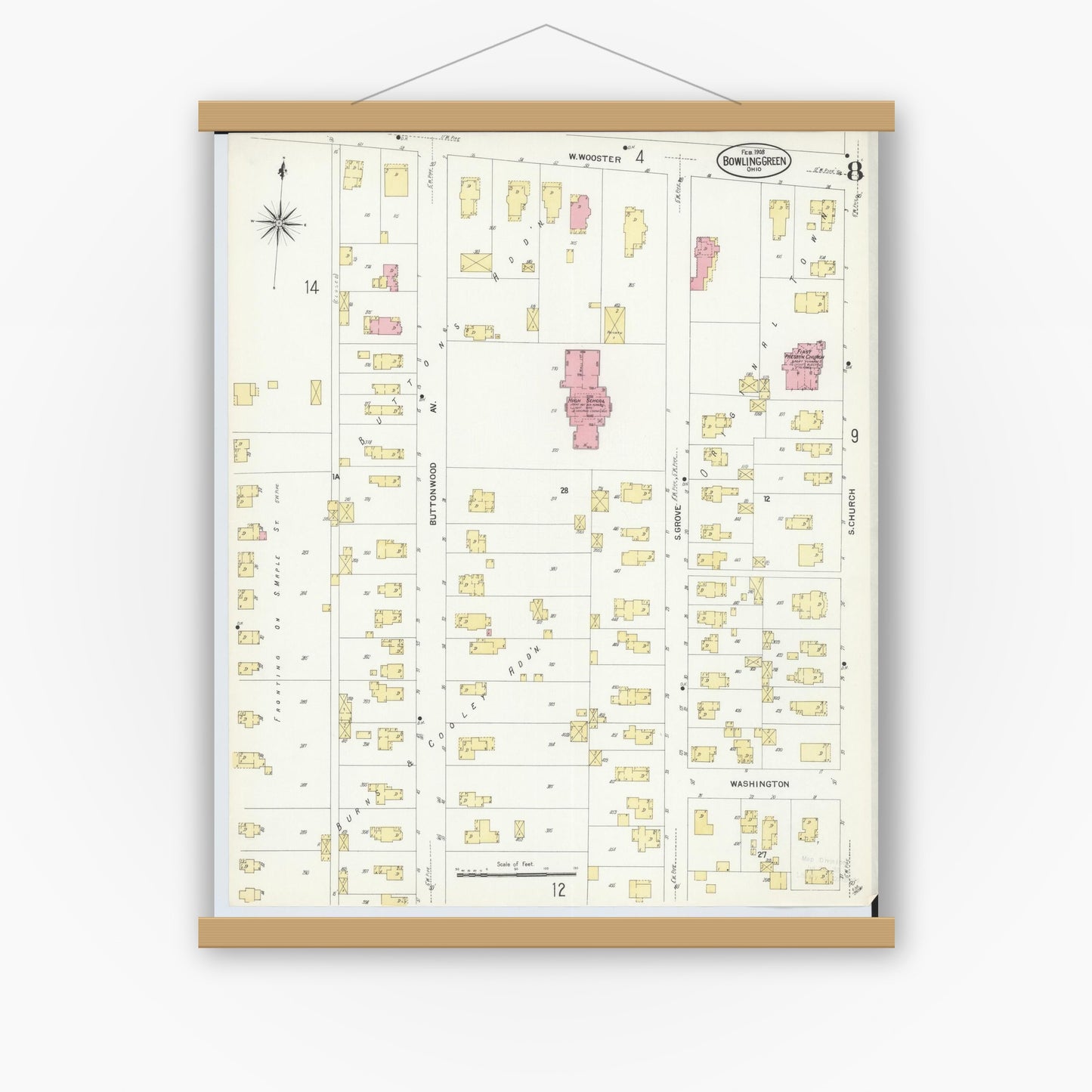 Old map wall art mockup — magnetic wood frame on white wall — Sanborn Fire Insurance Map from Bowling Green, Wood County, Ohio (1908), Sheet #0008