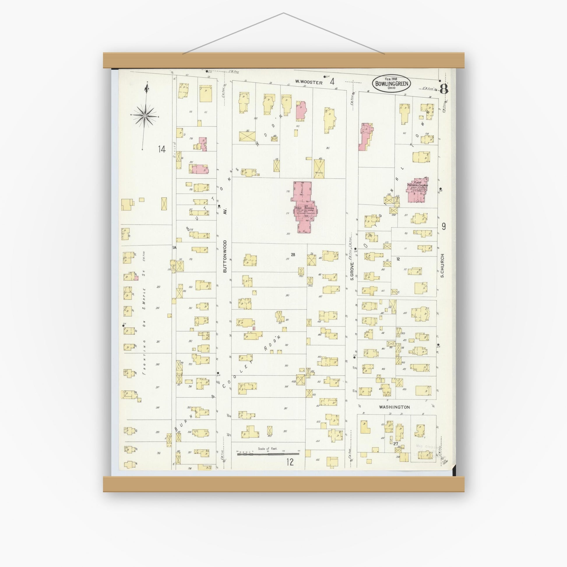 Old map wall art mockup — magnetic wood frame on white wall — Sanborn Fire Insurance Map from Bowling Green, Wood County, Ohio (1908), Sheet #0008