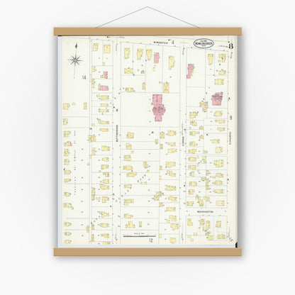 Old map wall art mockup — magnetic wood frame on white wall — Sanborn Fire Insurance Map from Bowling Green, Wood County, Ohio (1908), Sheet #0008