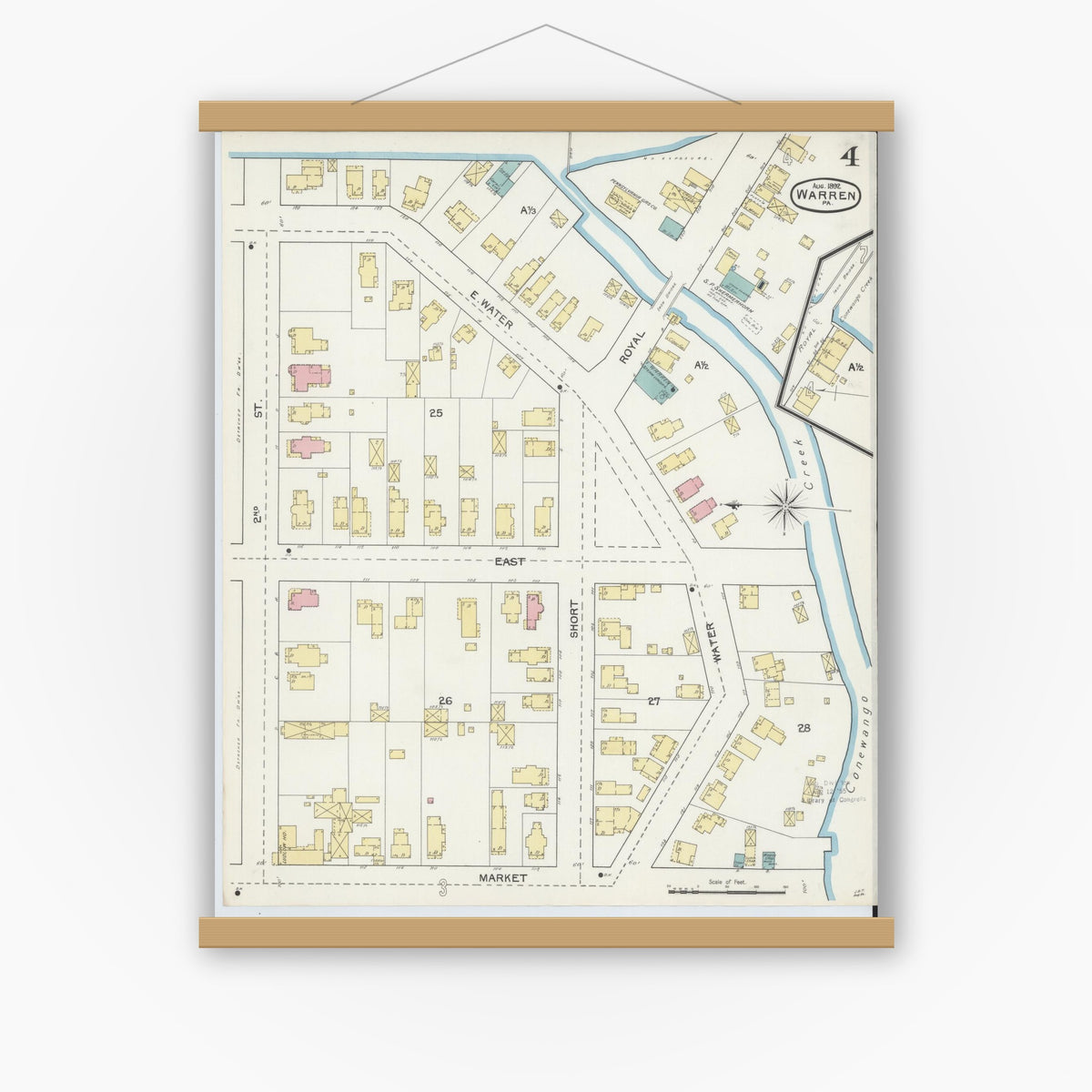 Old map wall art mockup — magnetic wood frame on white wall — Sanborn Fire Insurance Map from Warren, Warren County, Pennsylvania (1892), Sheet #0004