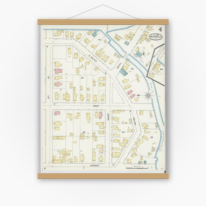 Old map wall art mockup — magnetic wood frame on white wall — Sanborn Fire Insurance Map from Warren, Warren County, Pennsylvania (1892), Sheet #0004
