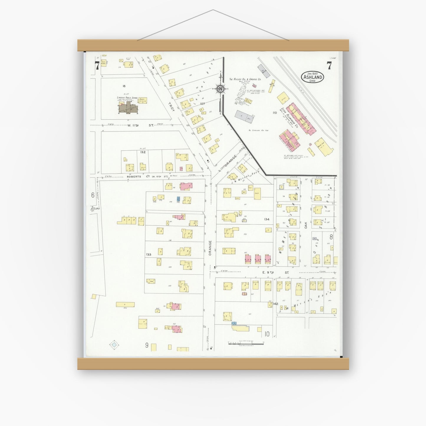 Old map wall art mockup — magnetic wood frame on white wall — Sanborn Fire Insurance Map from Ashland, Ashland County, Ohio (1930), Sheet #0007