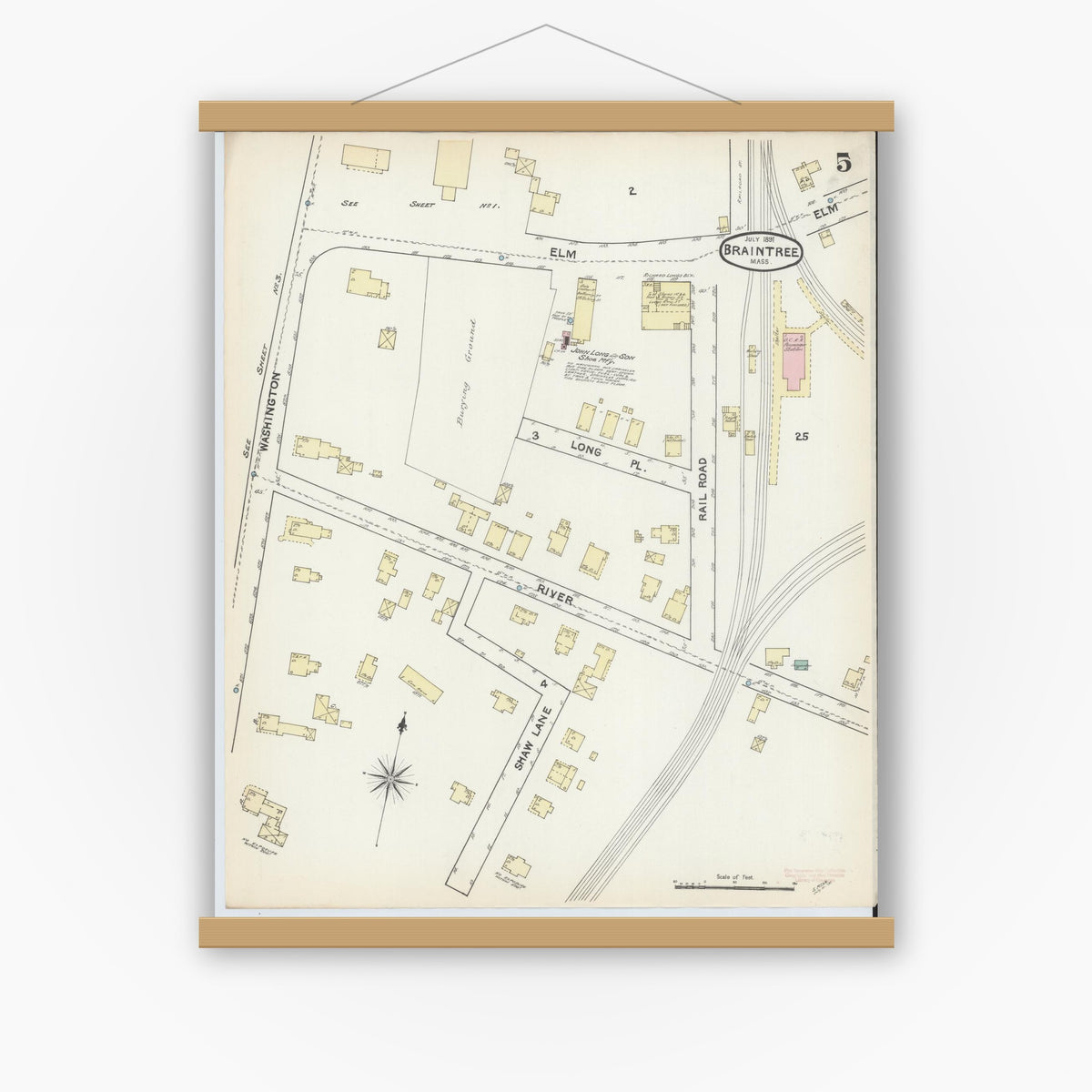 Old map wall art mockup — magnetic wood frame on white wall — Sanborn Fire Insurance Map from Braintree, Norfolk County, Massachusetts (1891), Sheet #0005